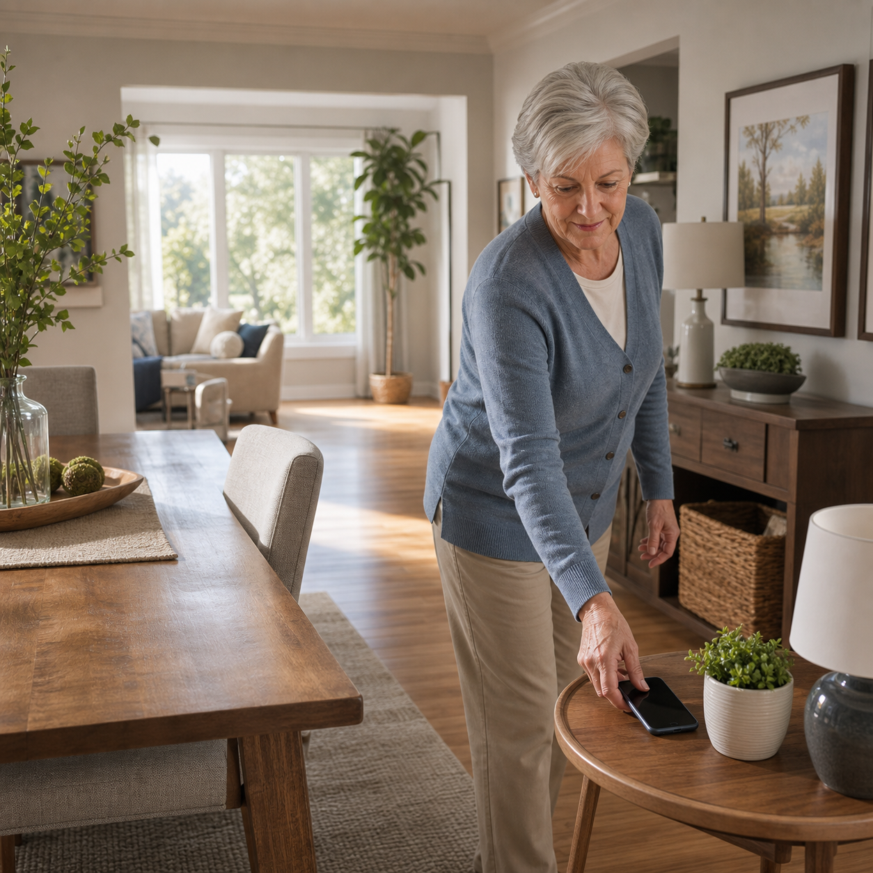 Cinematic 3D older adult closing the living-alone response gap by moving a phone closer to the dining chair