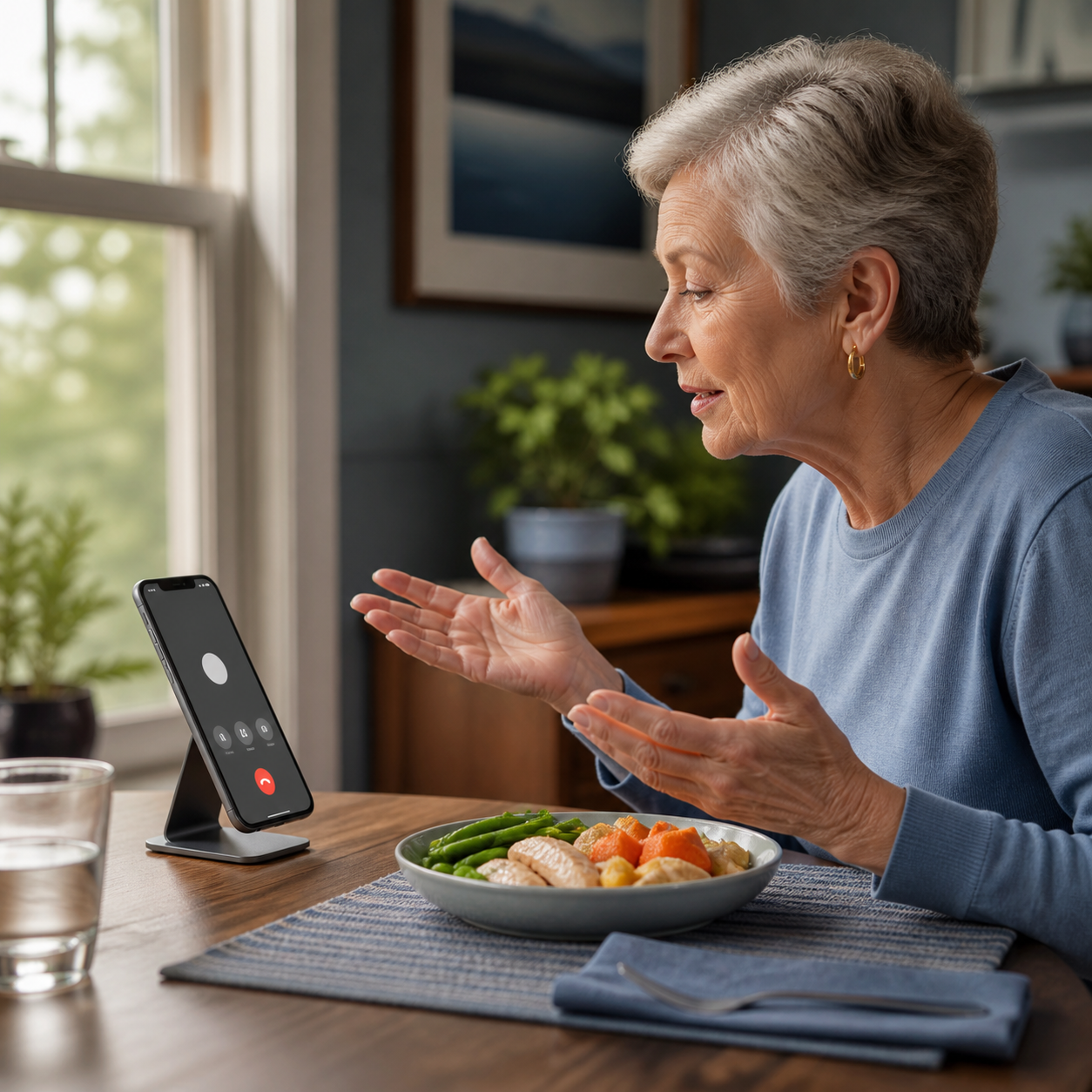 Cinematic 3D older adult calmly rehearsing hands-free emergency calling with a phone beside the dining setup