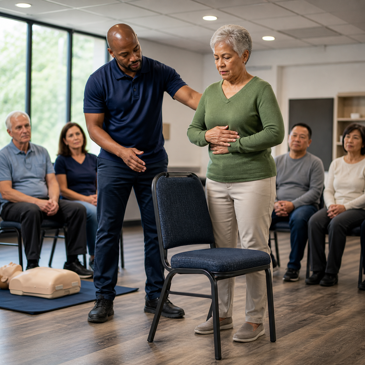 Cinematic 3D first-aid instructor supervising a gentle older-adult chair-method rehearsal without force or distress