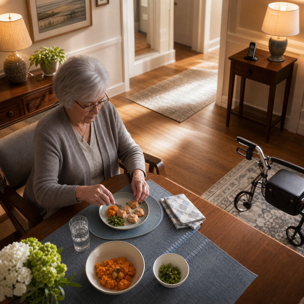 Cinematic 3D older adult auditing soft food portions, lighting, phone access, stable chair, and a clear dining path