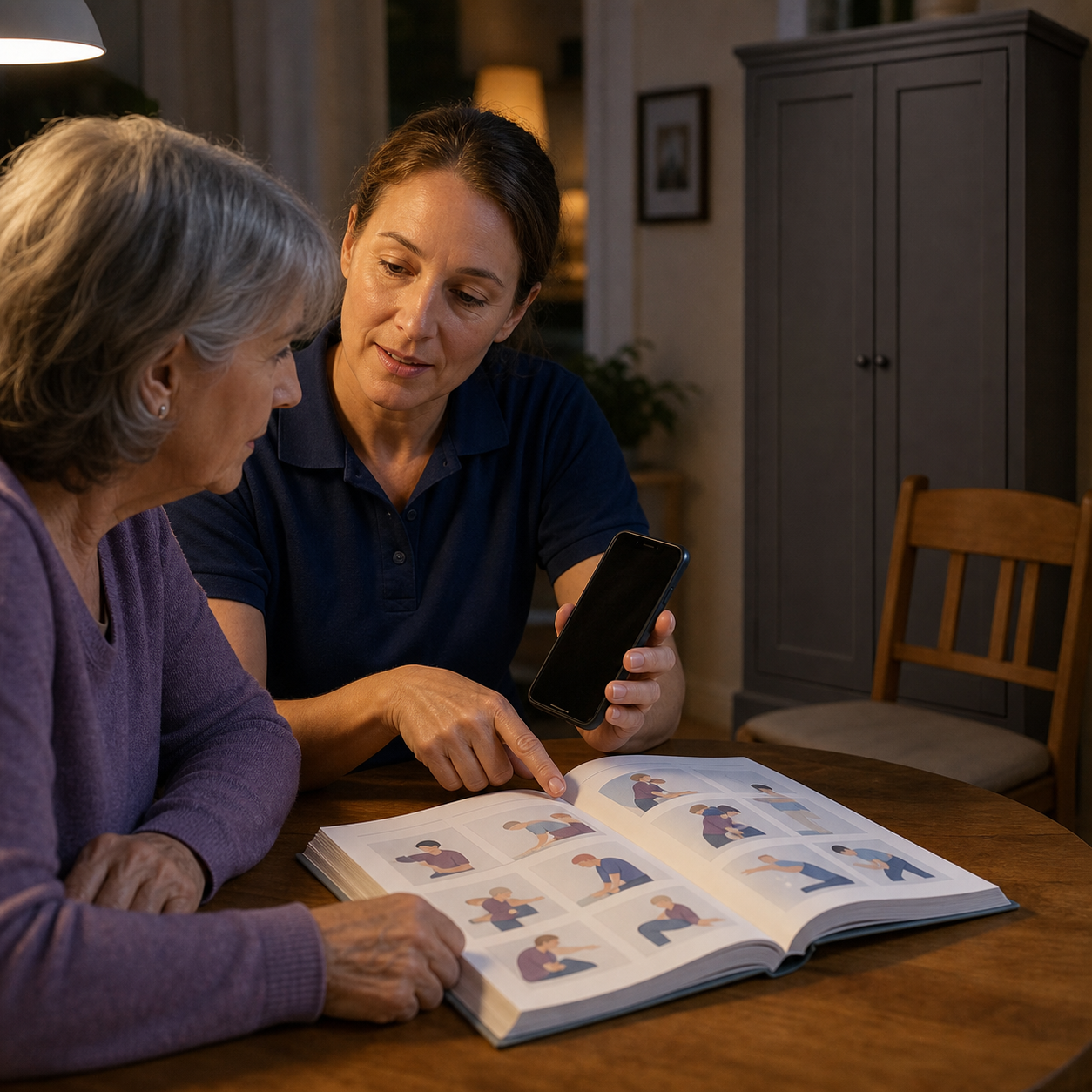 Cinematic 3D older adult placing phone and standard self-rescue training before a closed second-line backup cabinet