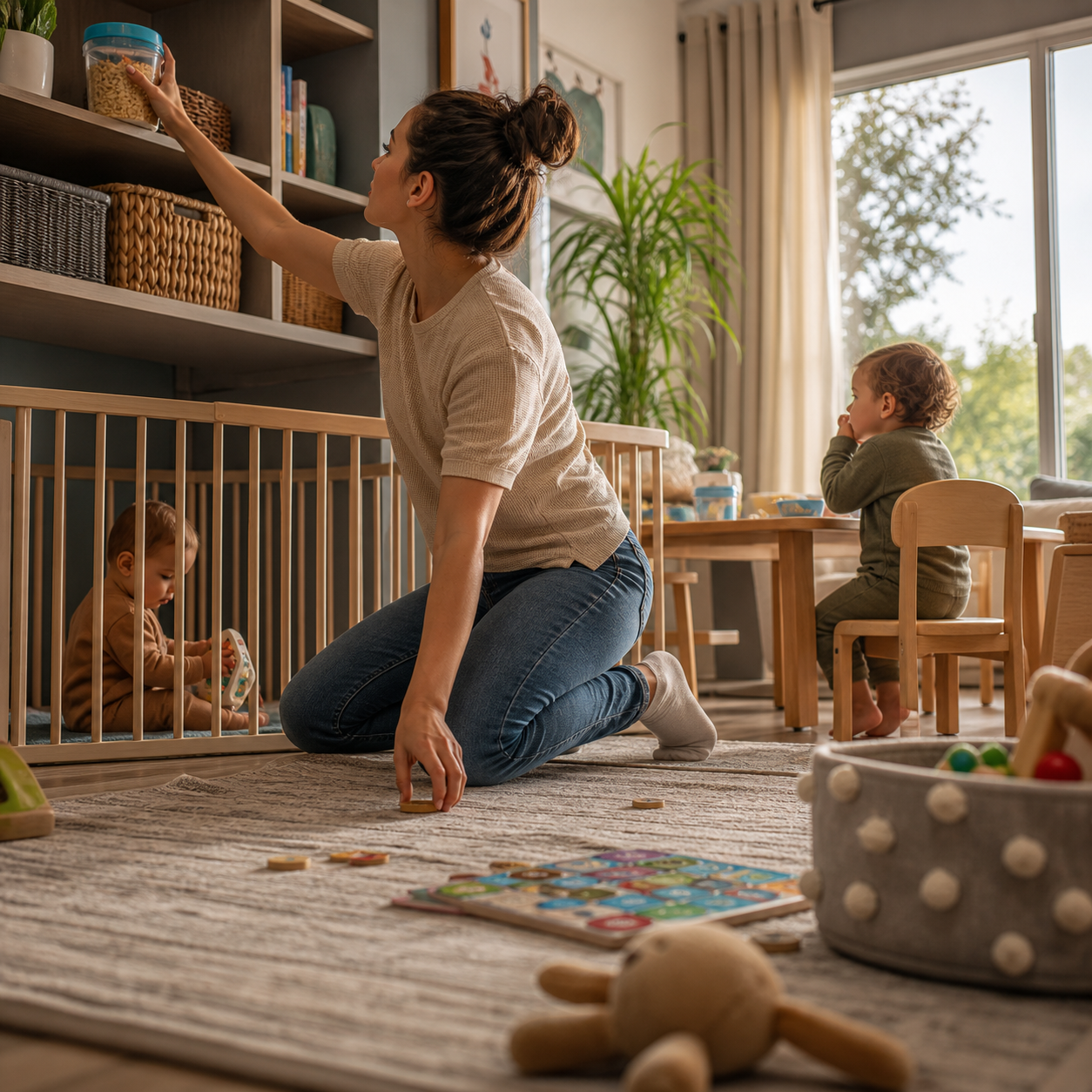 Cinematic 3D caregiver scanning a shared baby and toddler room for food, toy, and floor-level choking risks