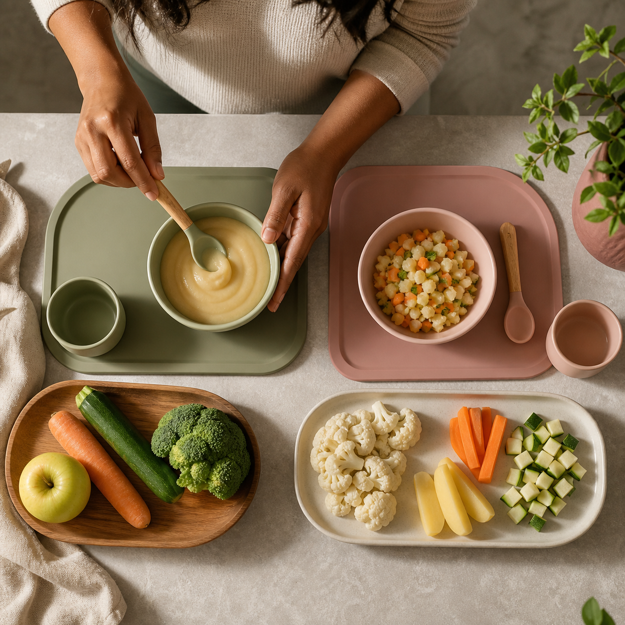 Cinematic 3D food-preparation scene comparing mashed infant portions with finely cut soft toddler portions