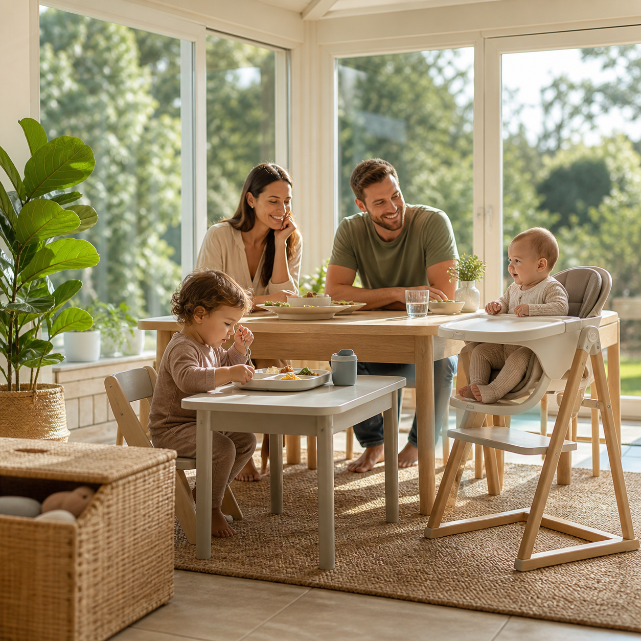 Cinematic 3D calm meal with a toddler seated at a low table and an infant upright nearby while adults supervise