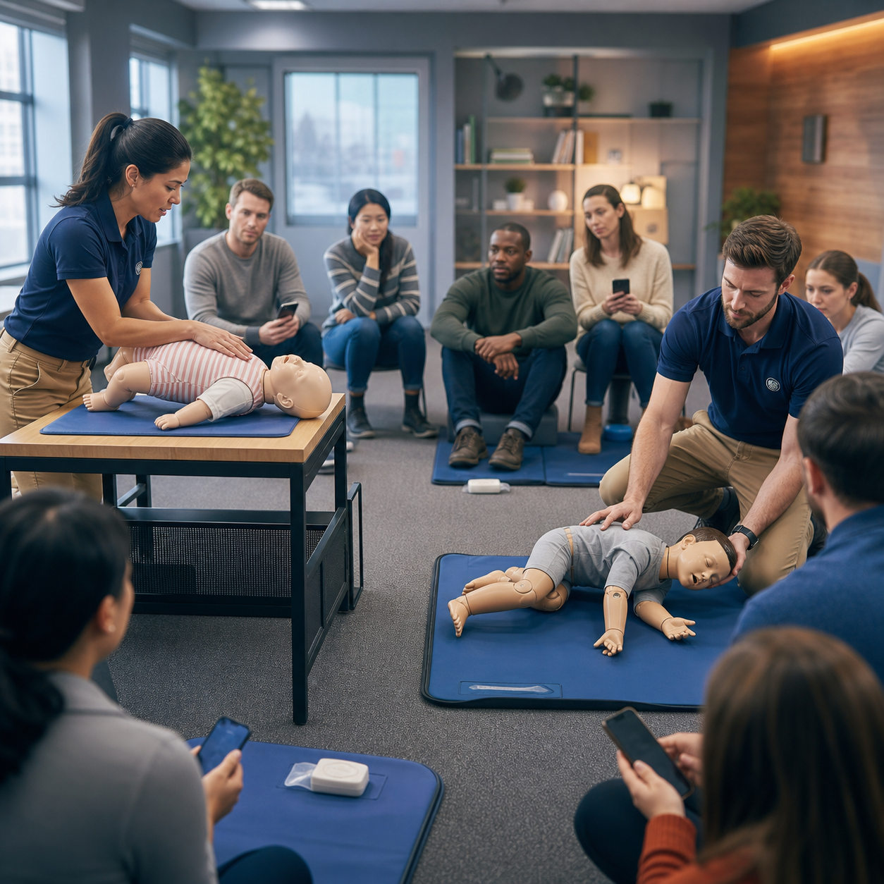 Cinematic 3D first-aid class using clearly artificial infant and toddler mannequins at separate training stations