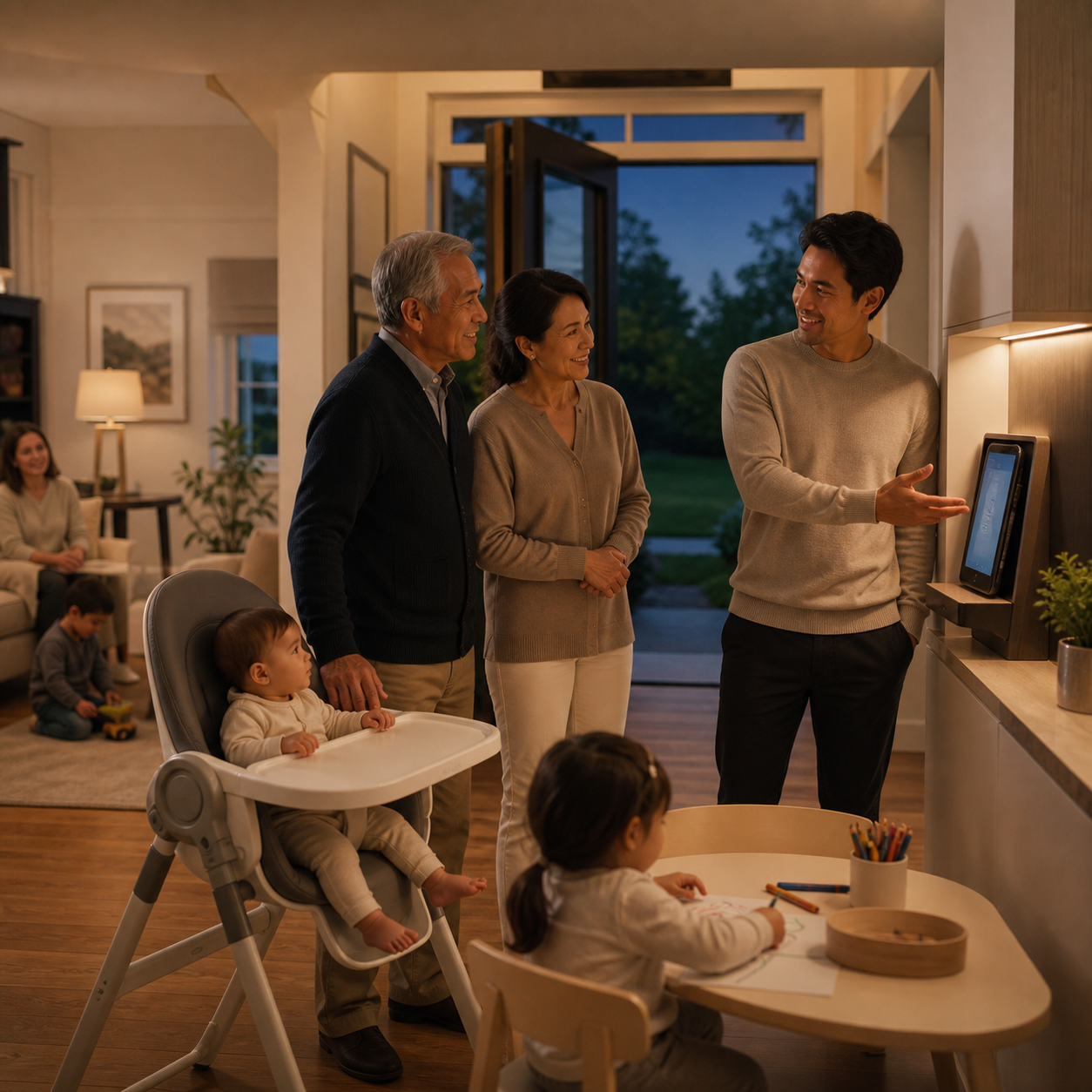 Cinematic 3D grandparent handoff tour showing a clear feeding area, reachable phone, posted address location, and open doorway
