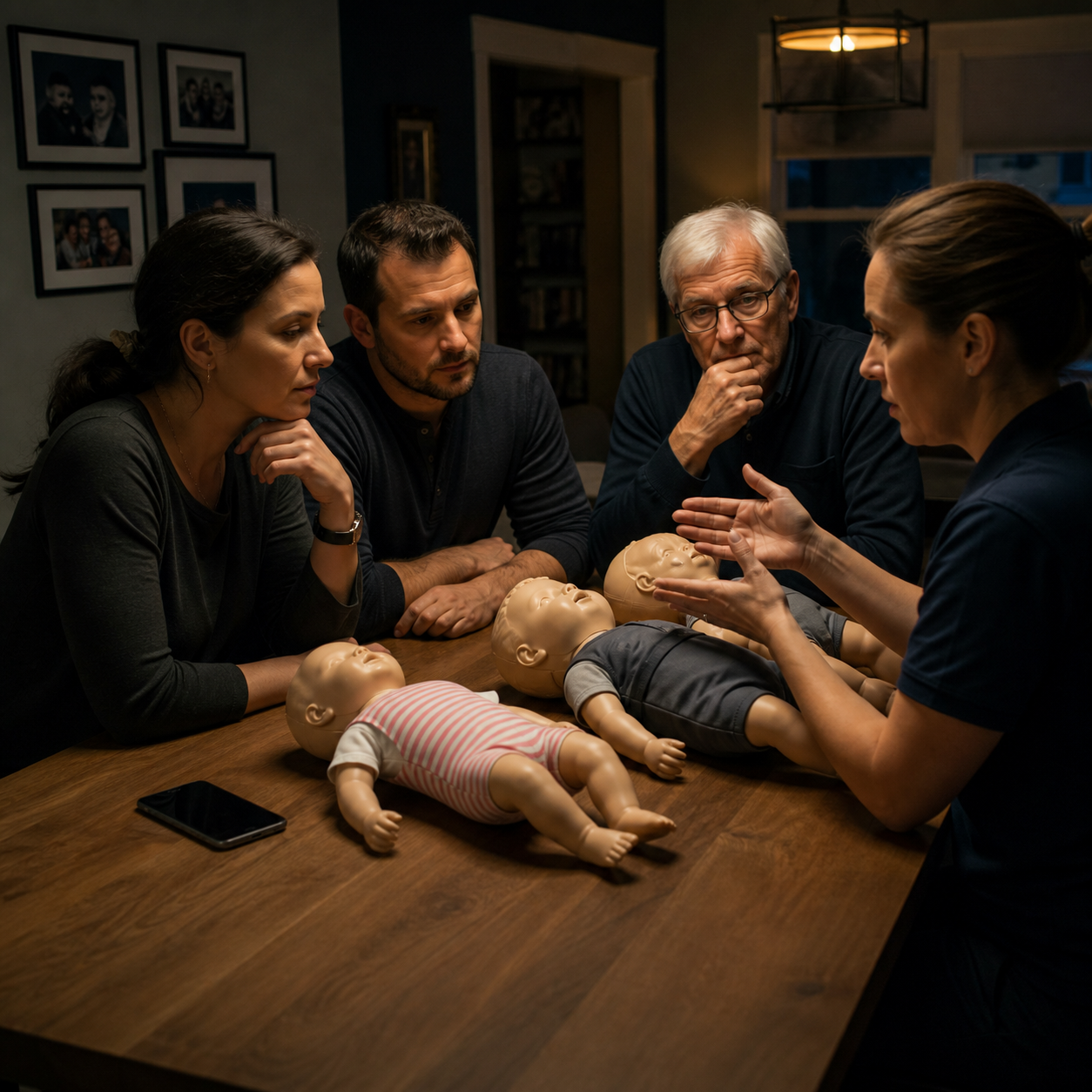 Cinematic 3D family review focused on first-aid training, phone access, and age-specific response before any backup planning