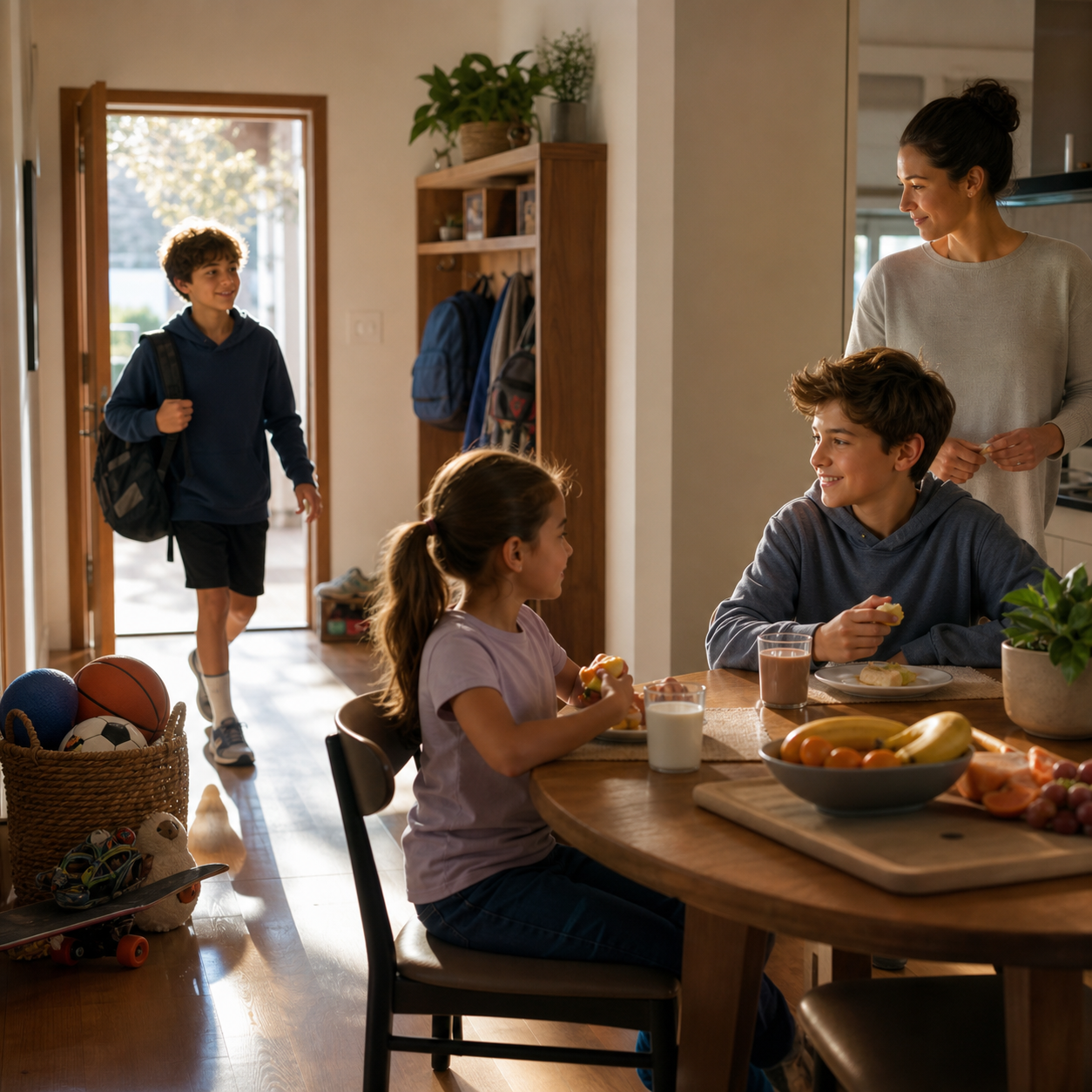 Cinematic 3D after-school scene with two children seated for snacks while a parent remains nearby and toys stay outside the eating zone