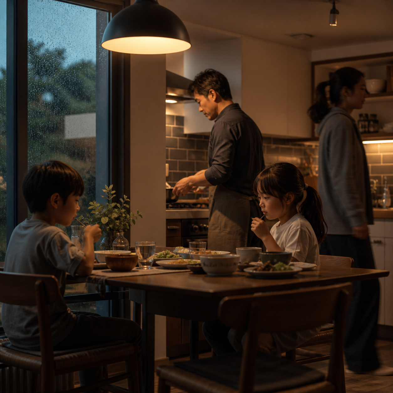 Cinematic 3D weeknight routine showing siblings seated and chewing calmly while family activity continues around them