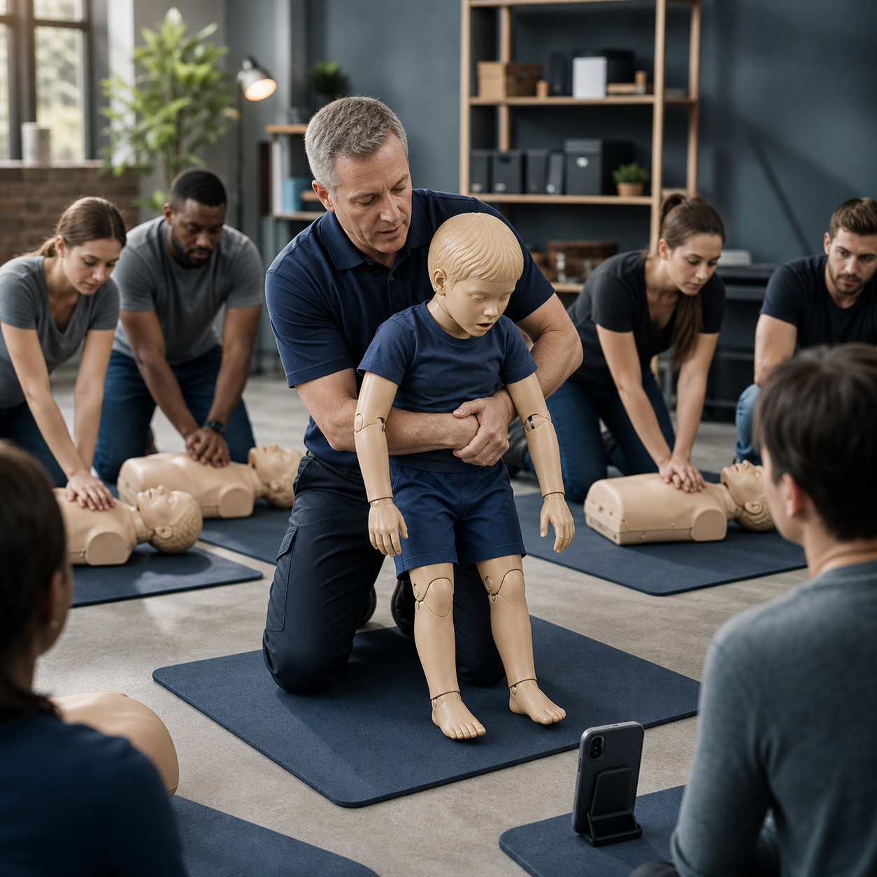Cinematic 3D first-aid class with adults practicing child choking response positioning on clearly artificial training mannequins