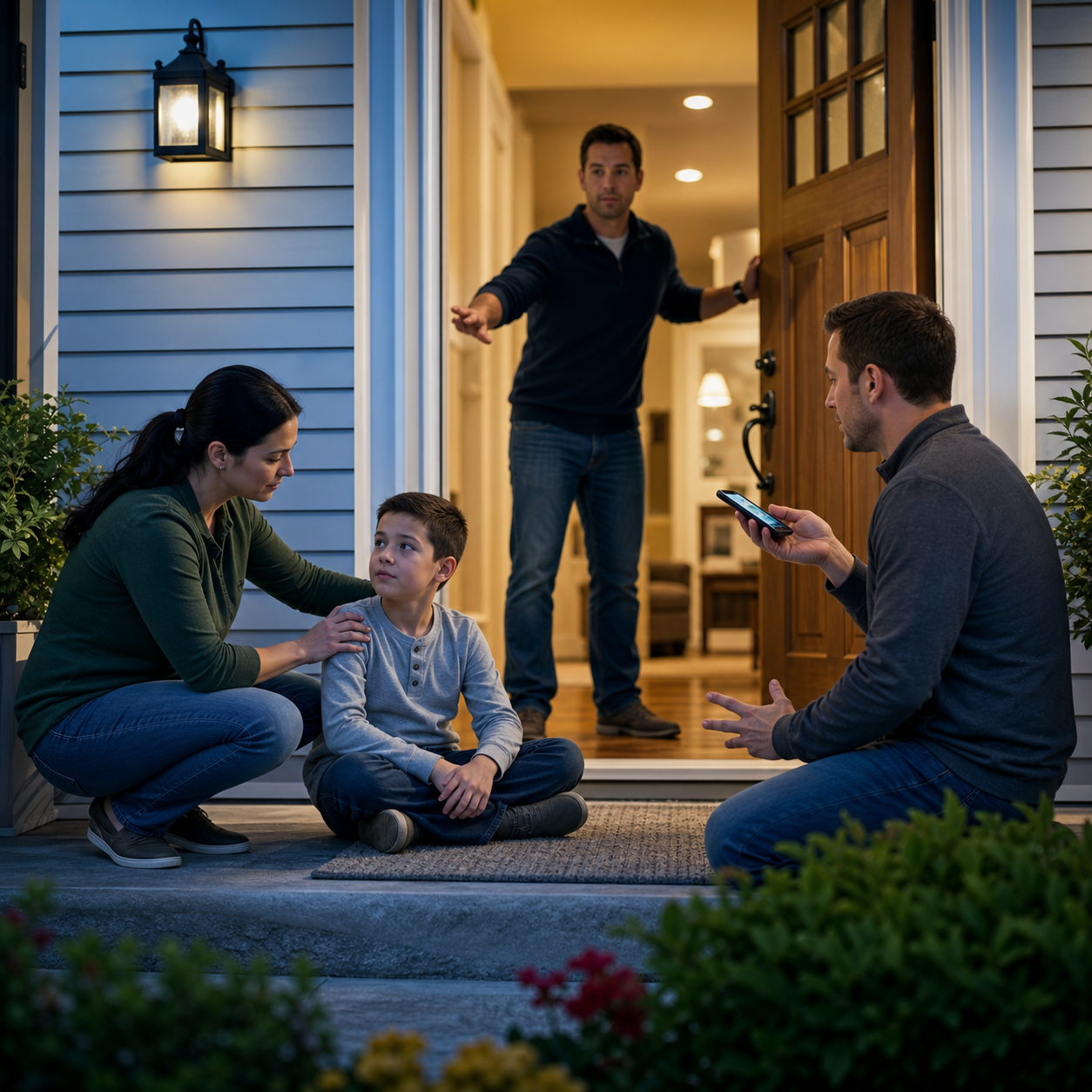 Cinematic 3D family role rehearsal with one adult beside a healthy child, one adult calling, and one guiding responders at the doorway