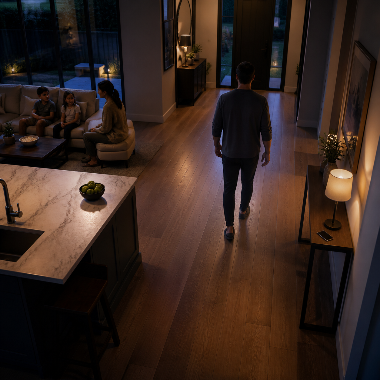Cinematic 3D evening walk-test tracing an unobstructed route from a family couch snack zone to a reachable phone and entry