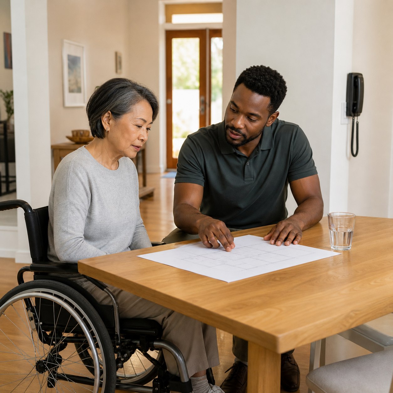 Wheelchair user and occupational therapist reviewing an accessible home meal and emergency route plan