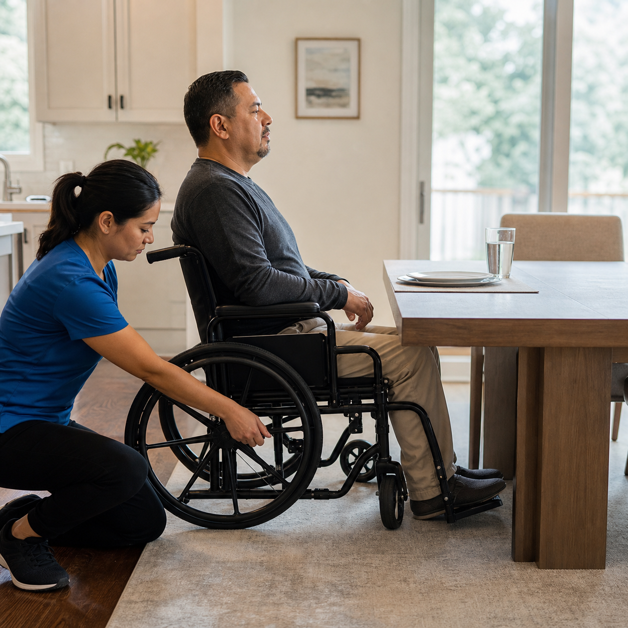 Occupational therapist checking wheelchair posture, foot support, and table distance before a meal