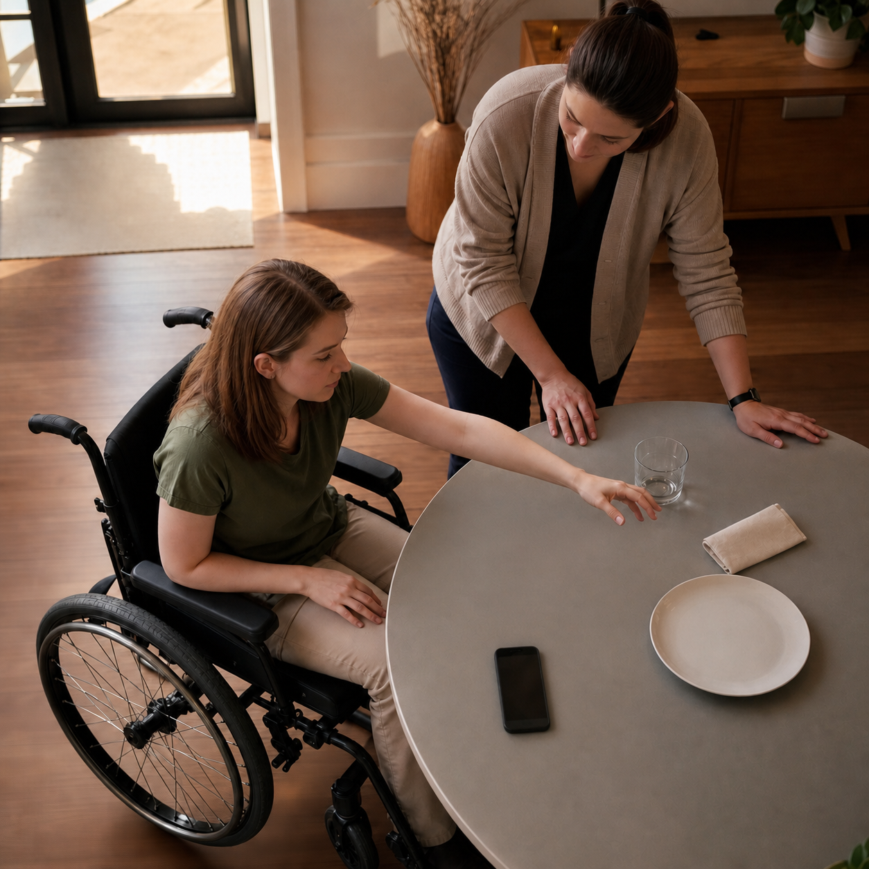 Wheelchair user testing comfortable reach to water, phone, napkin, and plate at home