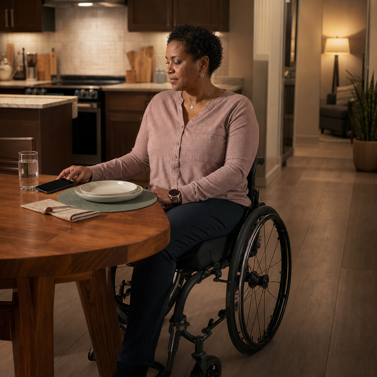 Wheelchair user checking phone, water, and a clear route before eating alone