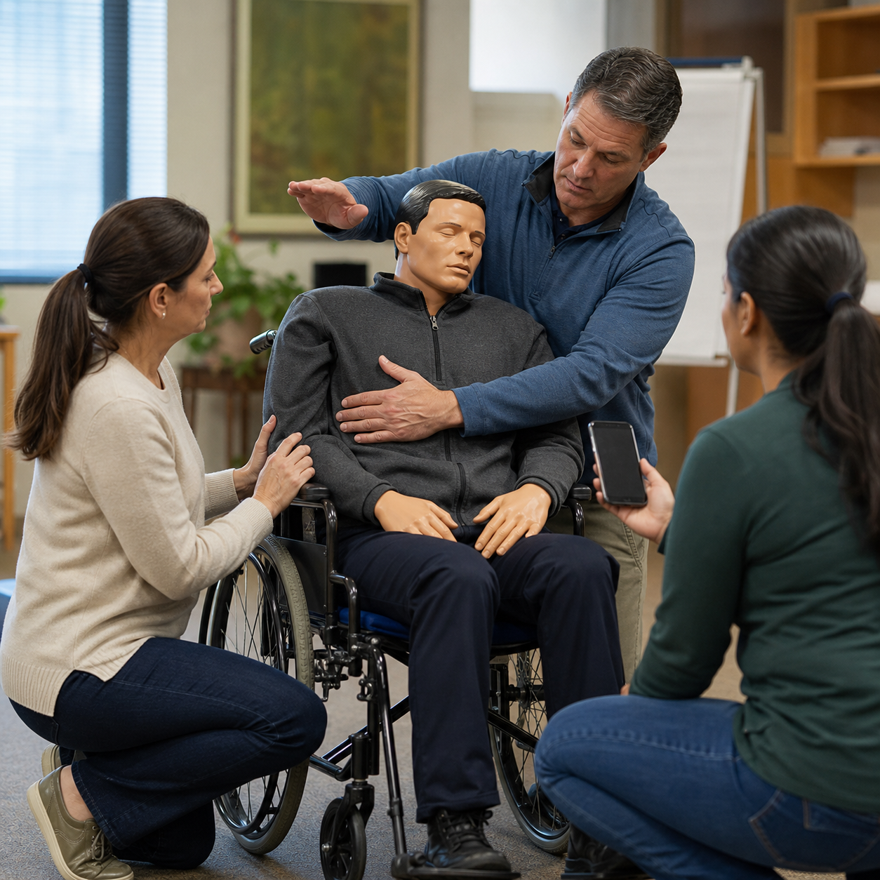 Caregivers practicing wheelchair first-aid response with a clothed adult training manikin