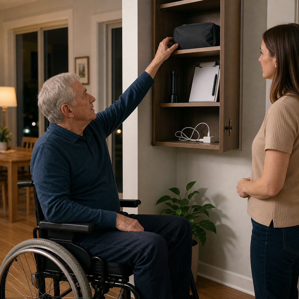 Wheelchair user and caregiver checking a reachable closed emergency storage pouch near the dining area