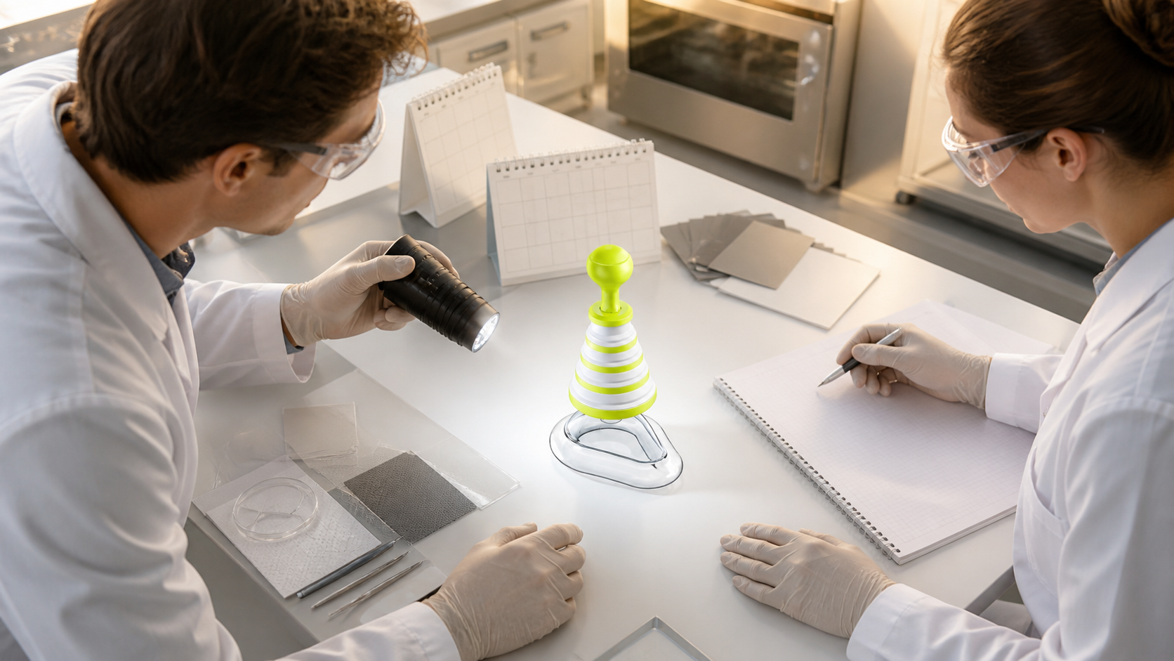 Engineer inspecting the real FoldPumpVac configuration during an accelerated-aging evidence review
