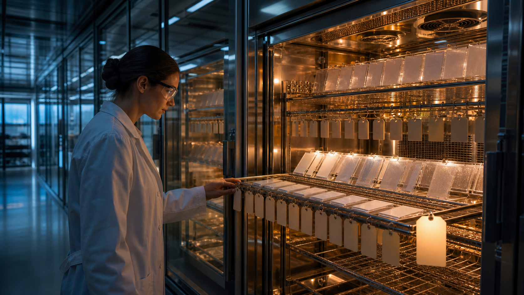 Controlled laboratory scene illustrating the 33-day accelerated-aging chamber interval