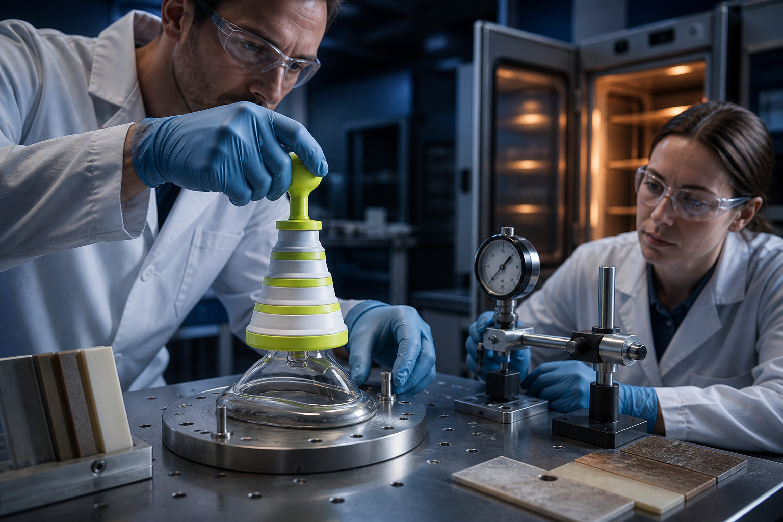 Technician checking the real FoldPumpVac mask, connections, and function after accelerated aging