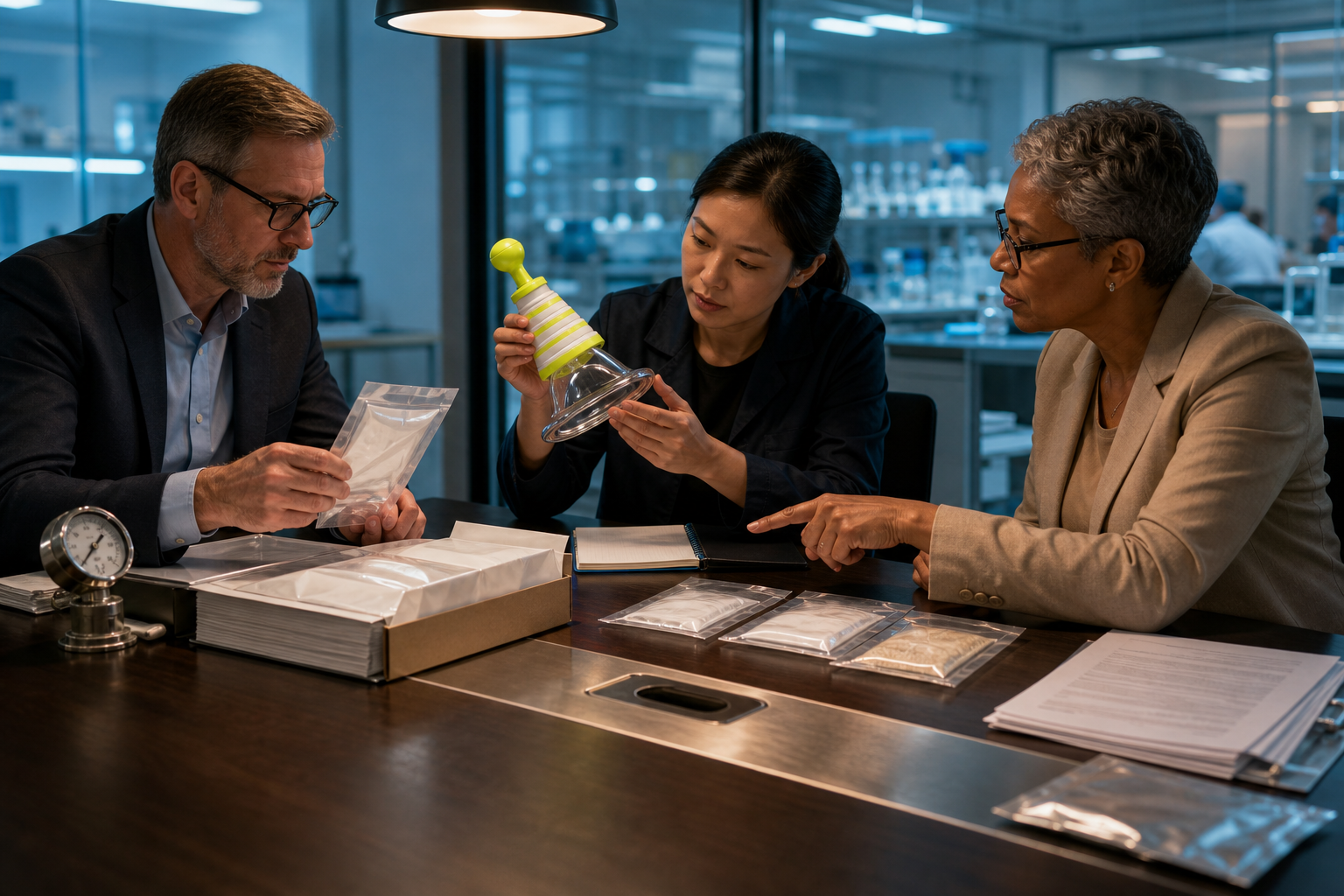 Procurement specialists reviewing accelerated-aging evidence for the real FoldPumpVac configuration