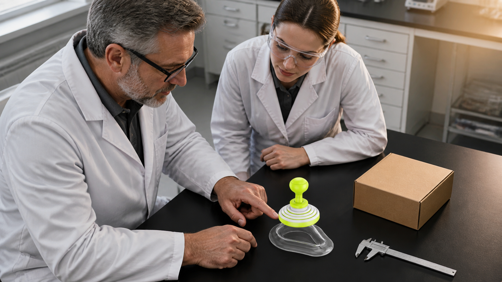 Quality team reviewing compact FoldPumpVac and an intact shipping carton
