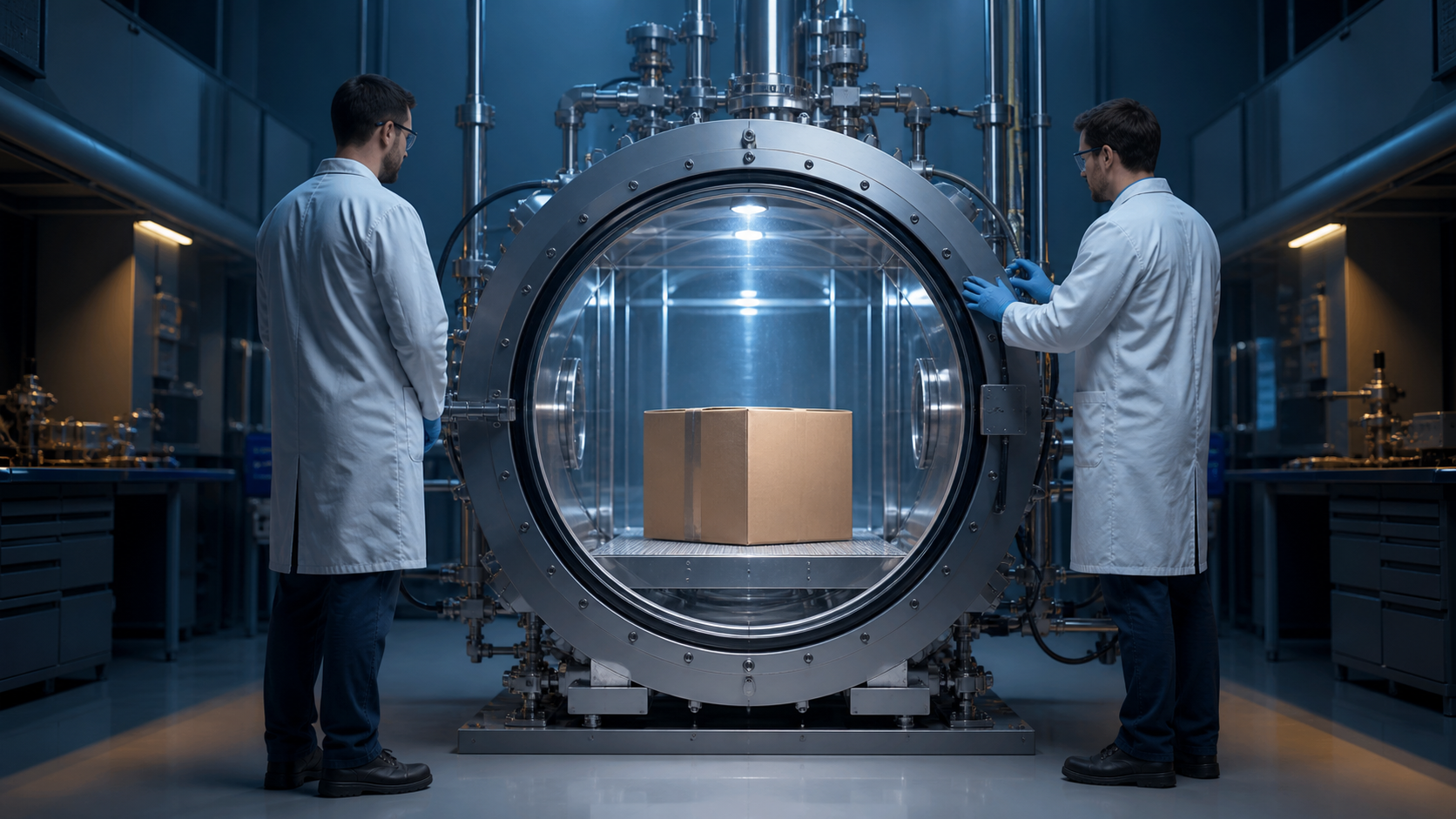 Unbranded shipping carton inside a controlled low-pressure chamber