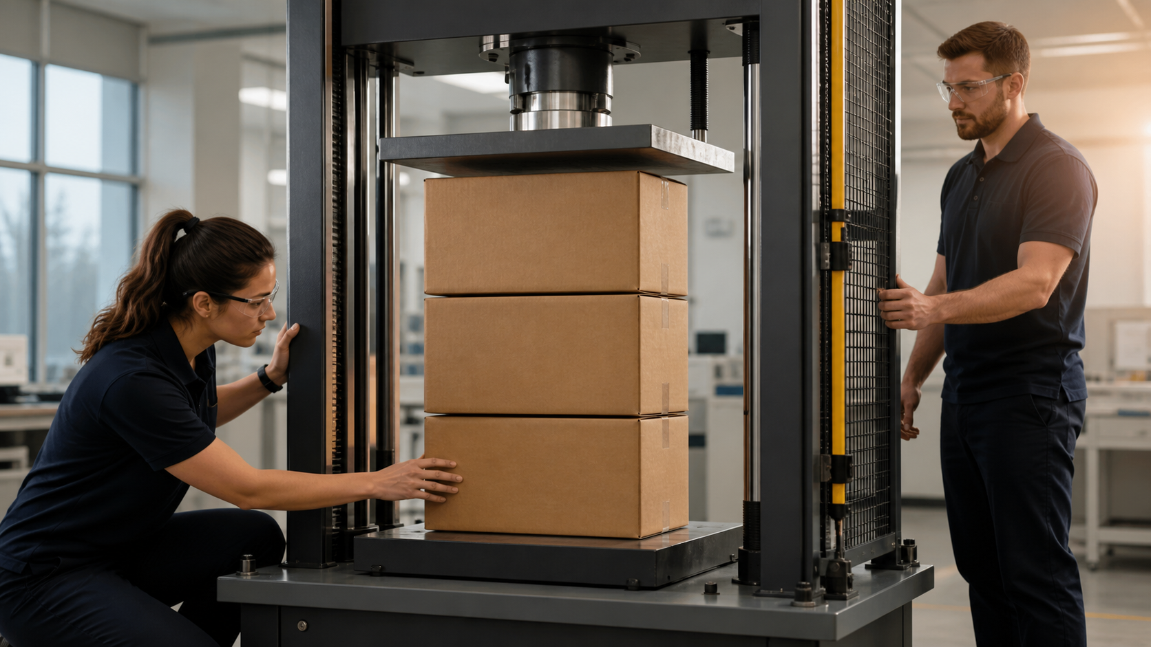 Three intact cartons under a controlled stacking compression fixture