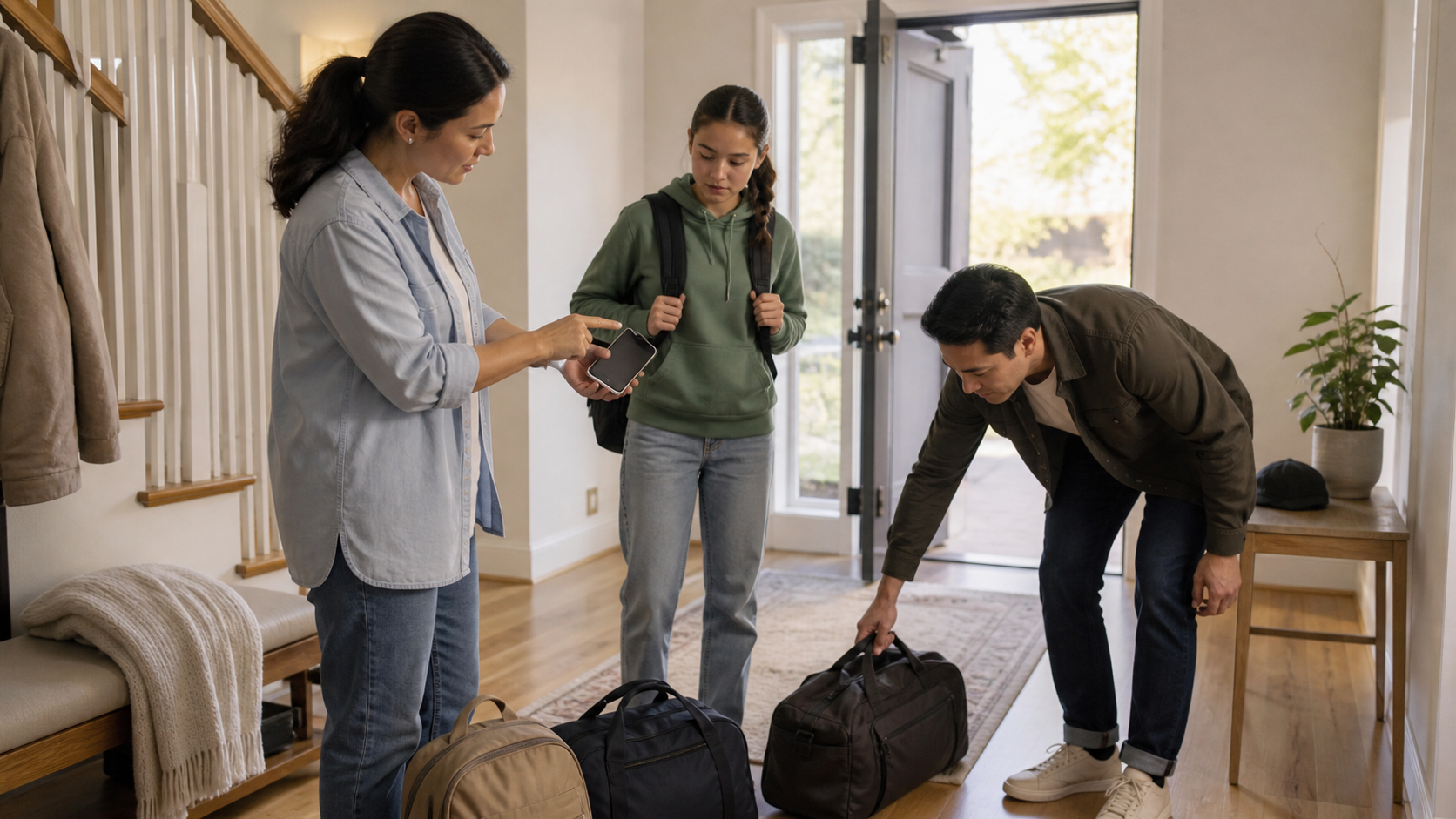 Travelers checking phone access, clear routes, and reachable bags before departure
