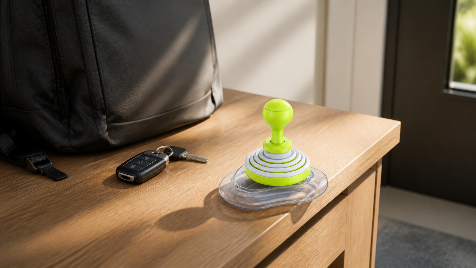 FoldPumpVac in its compact configuration beside a backpack and car keys