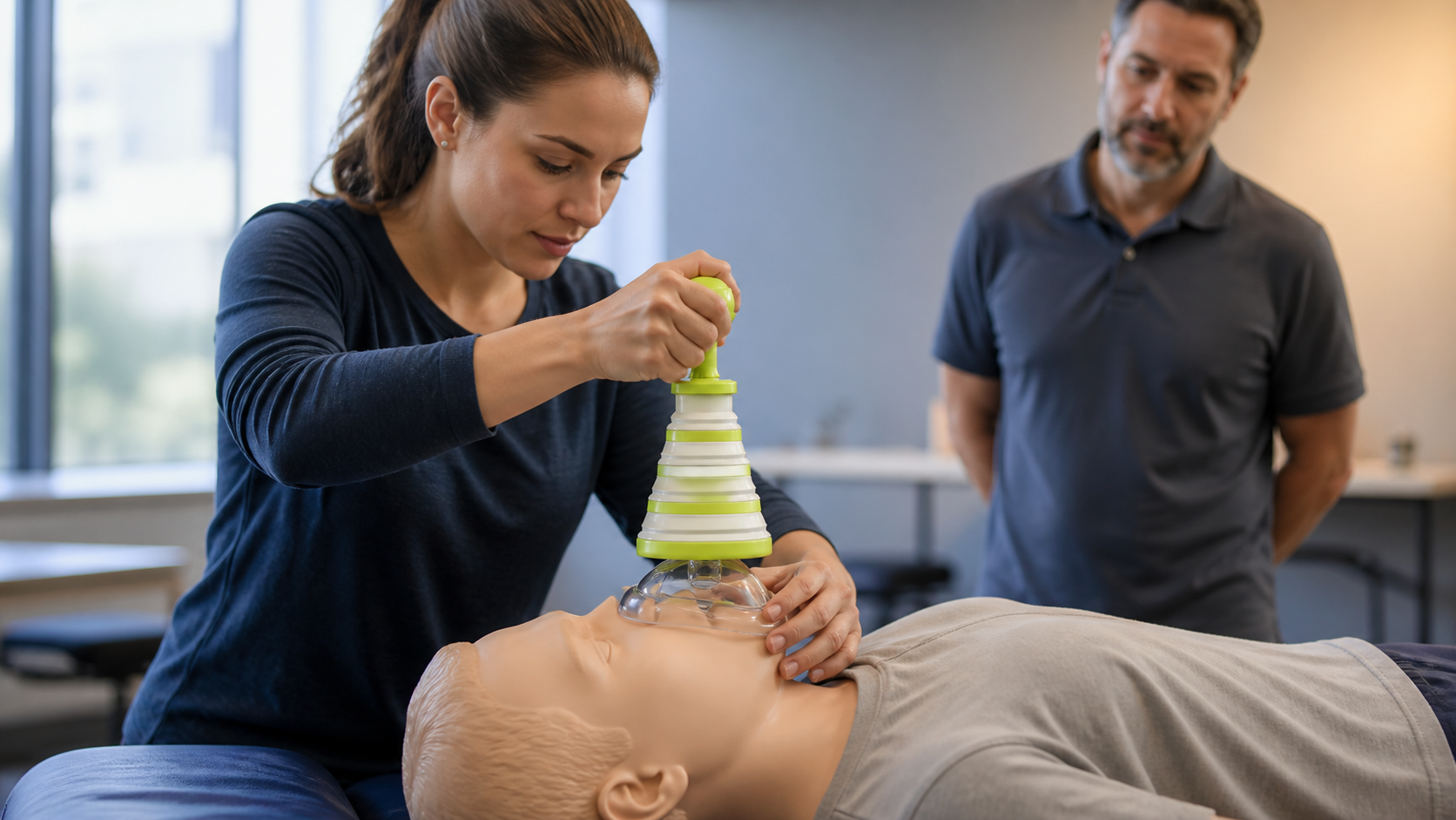 Caregiver practicing FoldPumpVac mask placement and vertical pull on a training manikin
