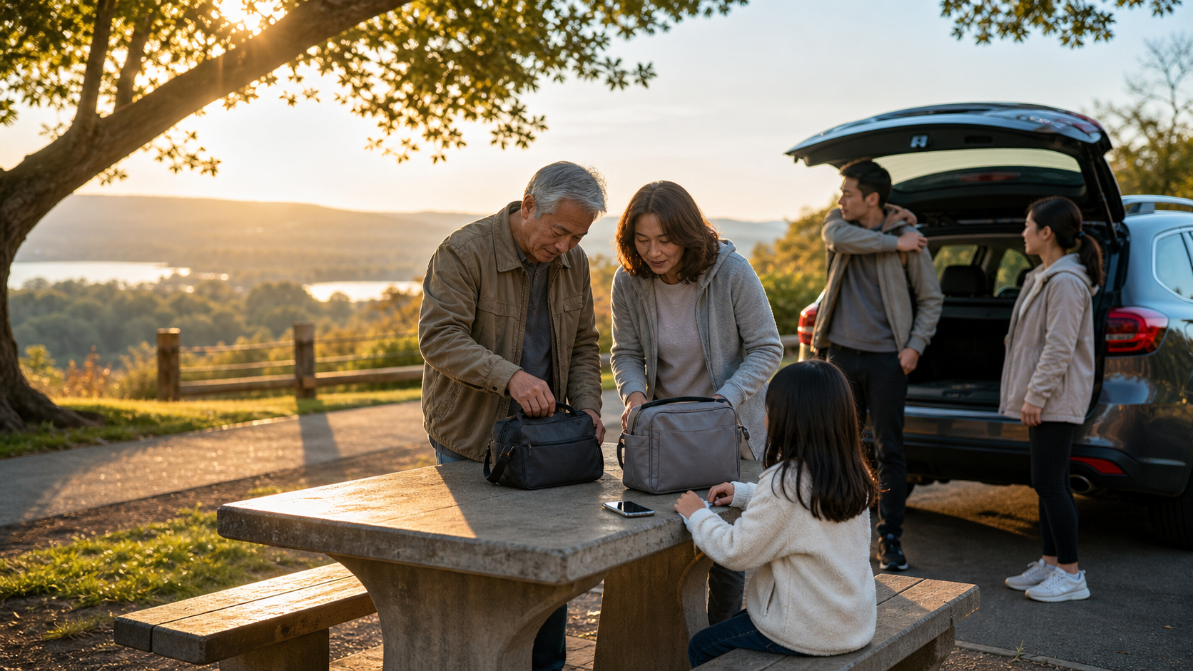 Family checking reachable travel bags and phone before a roadside meal