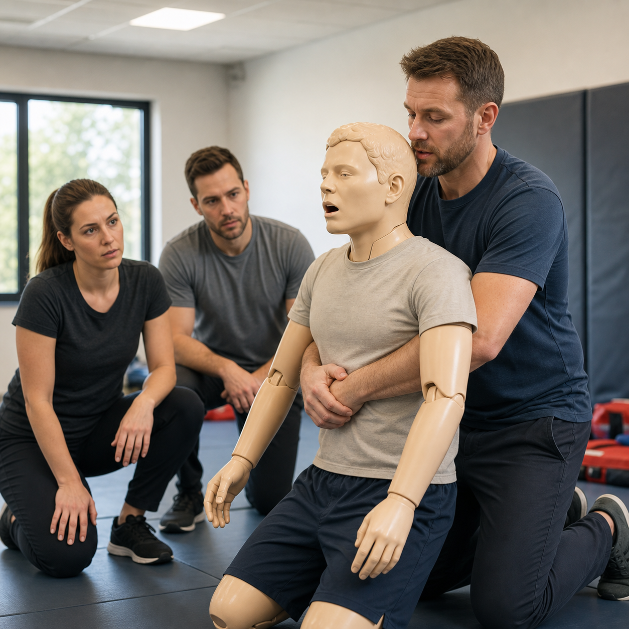 First-aid instructor demonstrates first-line choking rescue sequence with an unmistakable training mannequin