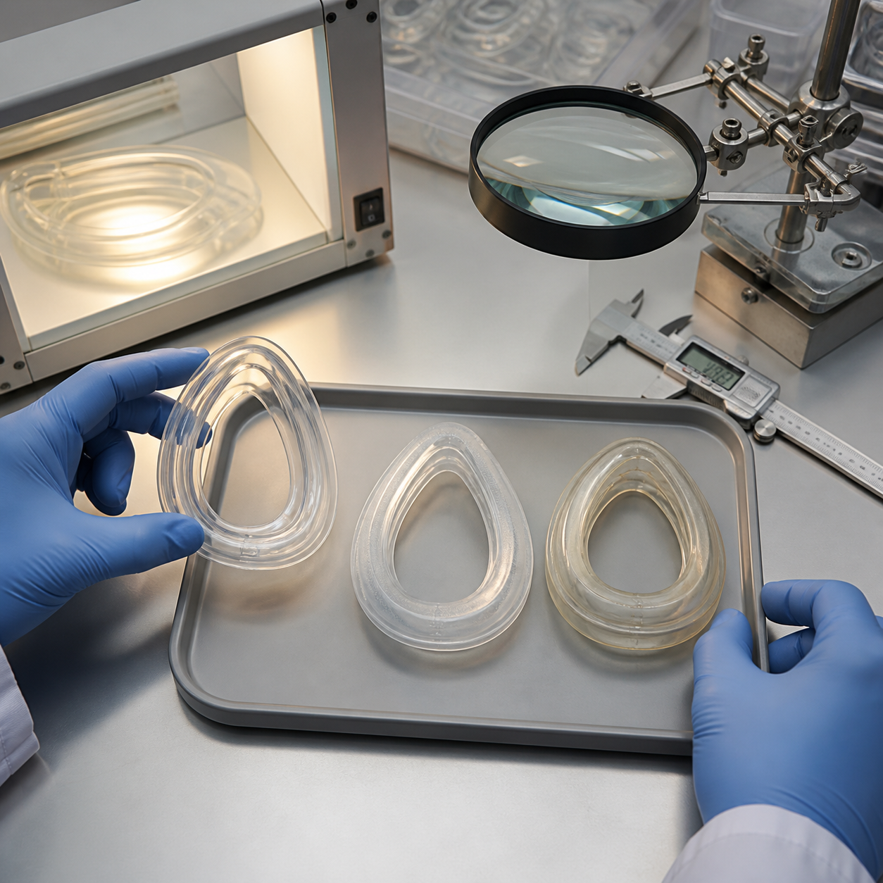 Materials engineer inspects transparent mask seal aging under controlled light and measurement tools