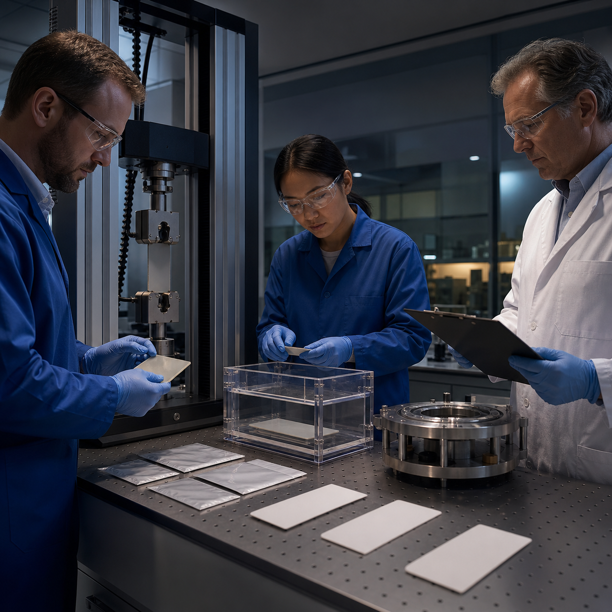 Biomedical engineers evaluate anonymous material pressure and leak-test evidence without a visible product