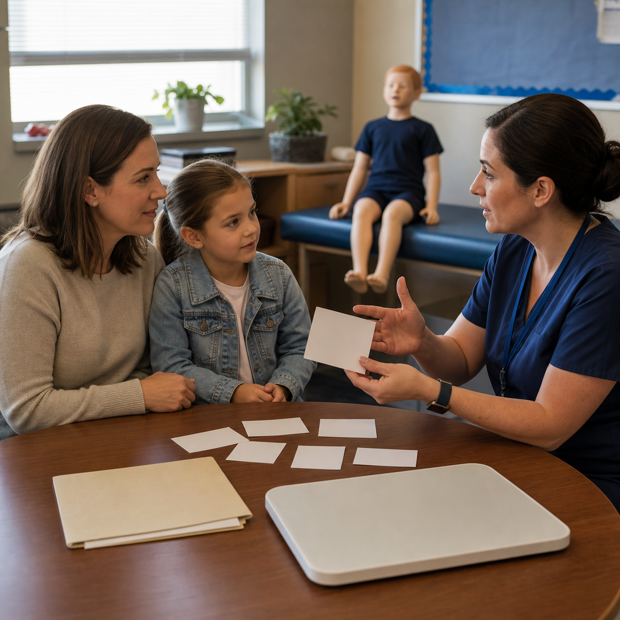 School nurse parent and child build an individual readiness plan beside an artificial pediatric training mannequin
