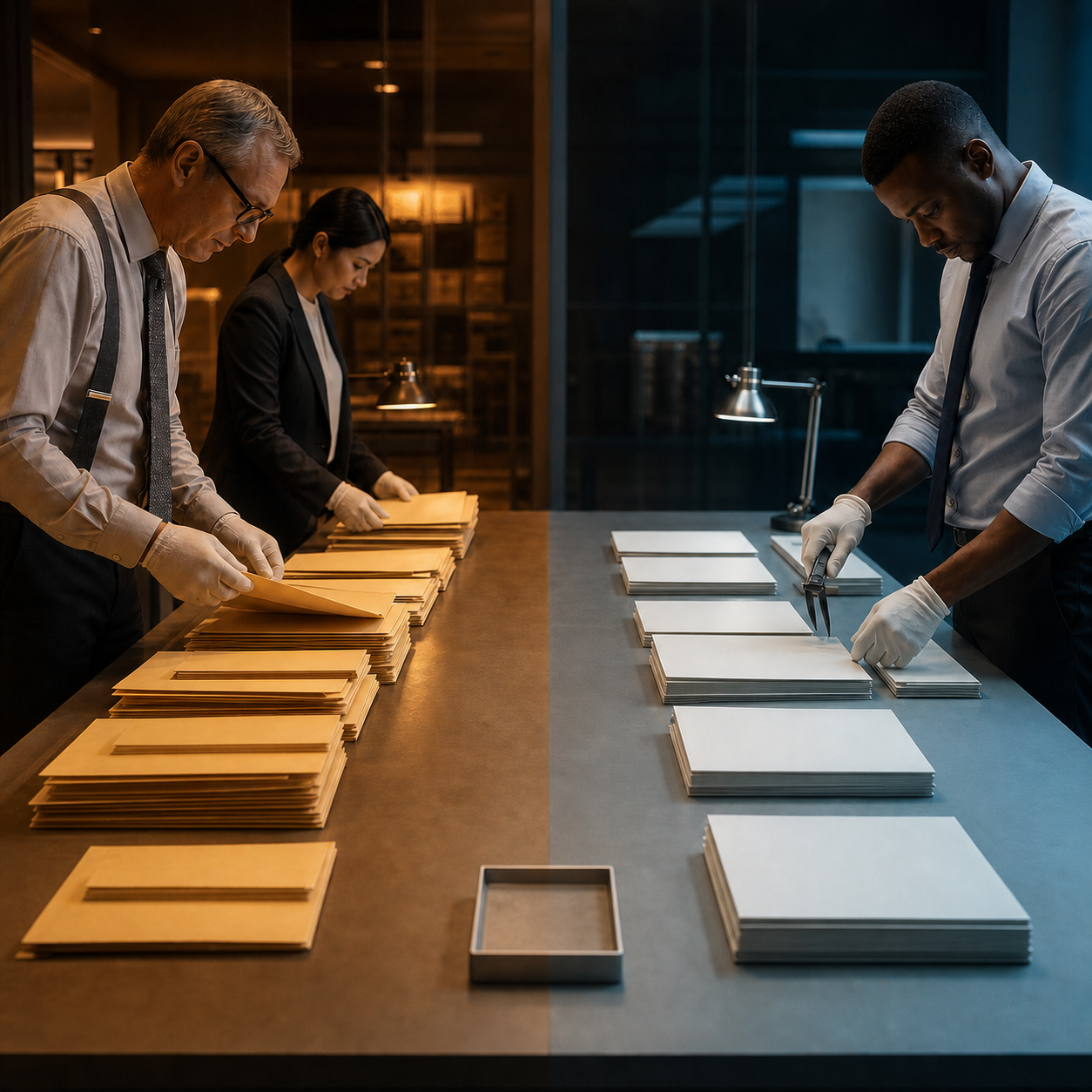 Independent reviewers organize blank evidence files to distinguish an earlier warning from a later De Novo decision
