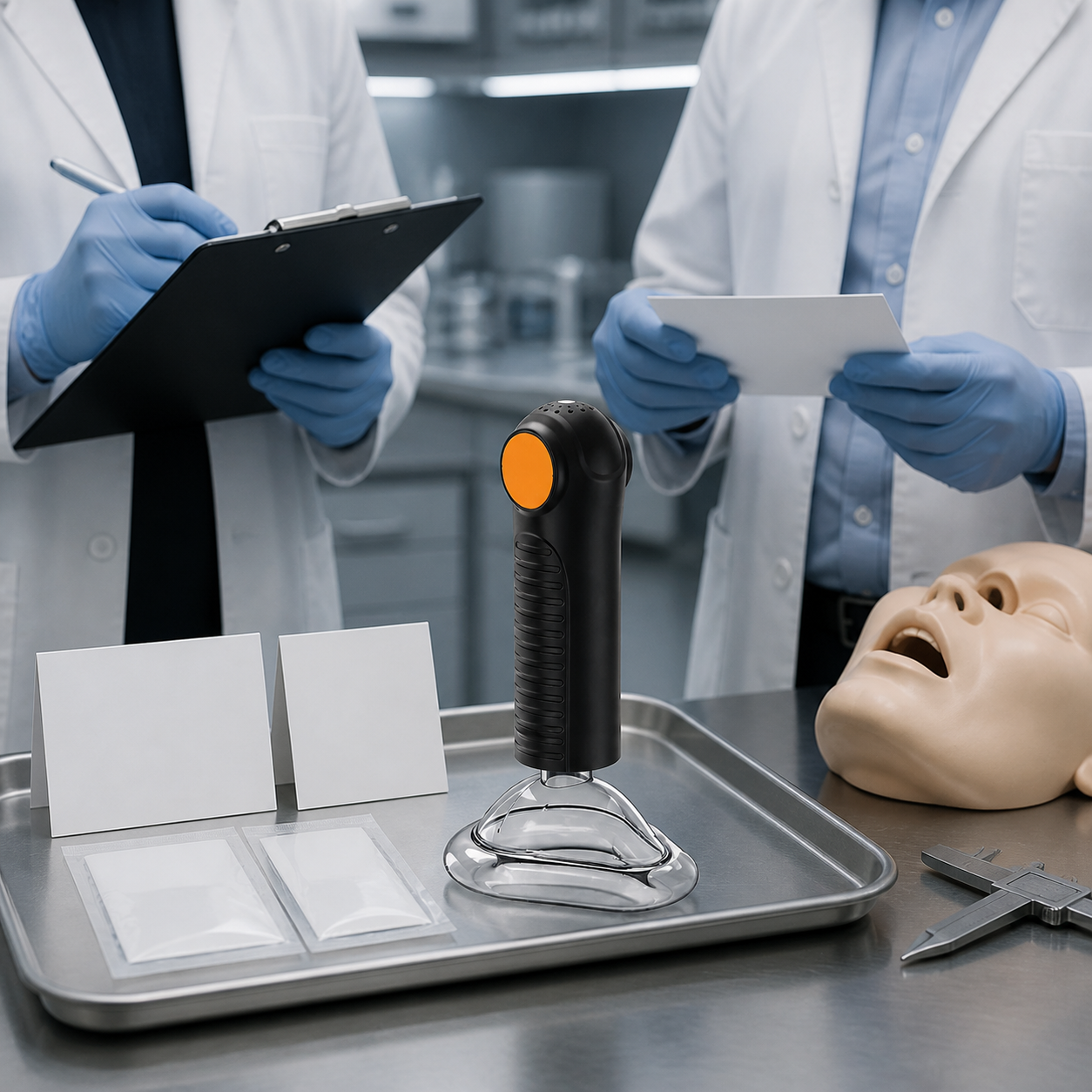 Quality reviewer examines the exact real EasyPumpVac beside blank evidence cards and an artificial airway mannequin