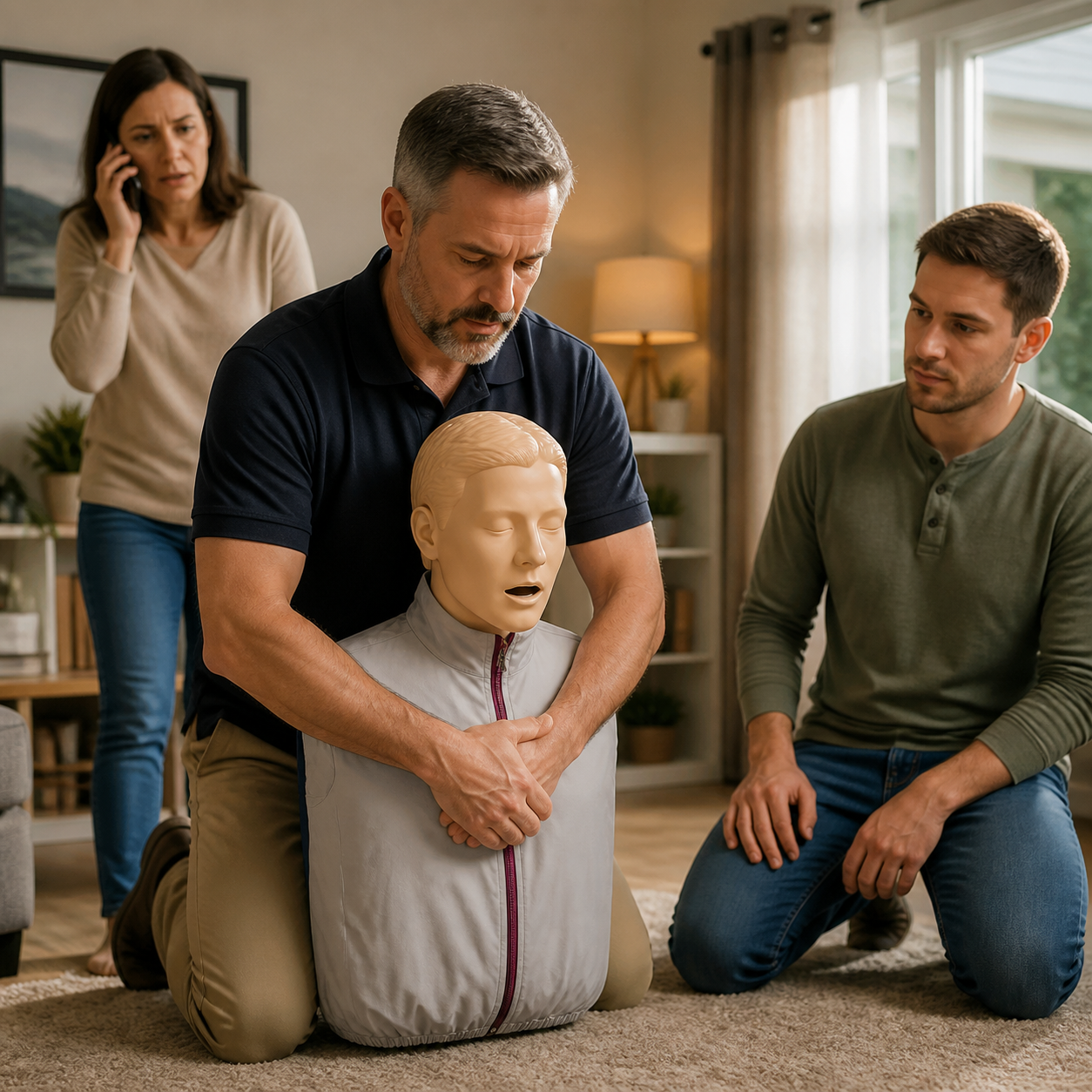 Safety educator demonstrates first-line choking rescue on an artificial adult mannequin while a family member calls emergency services