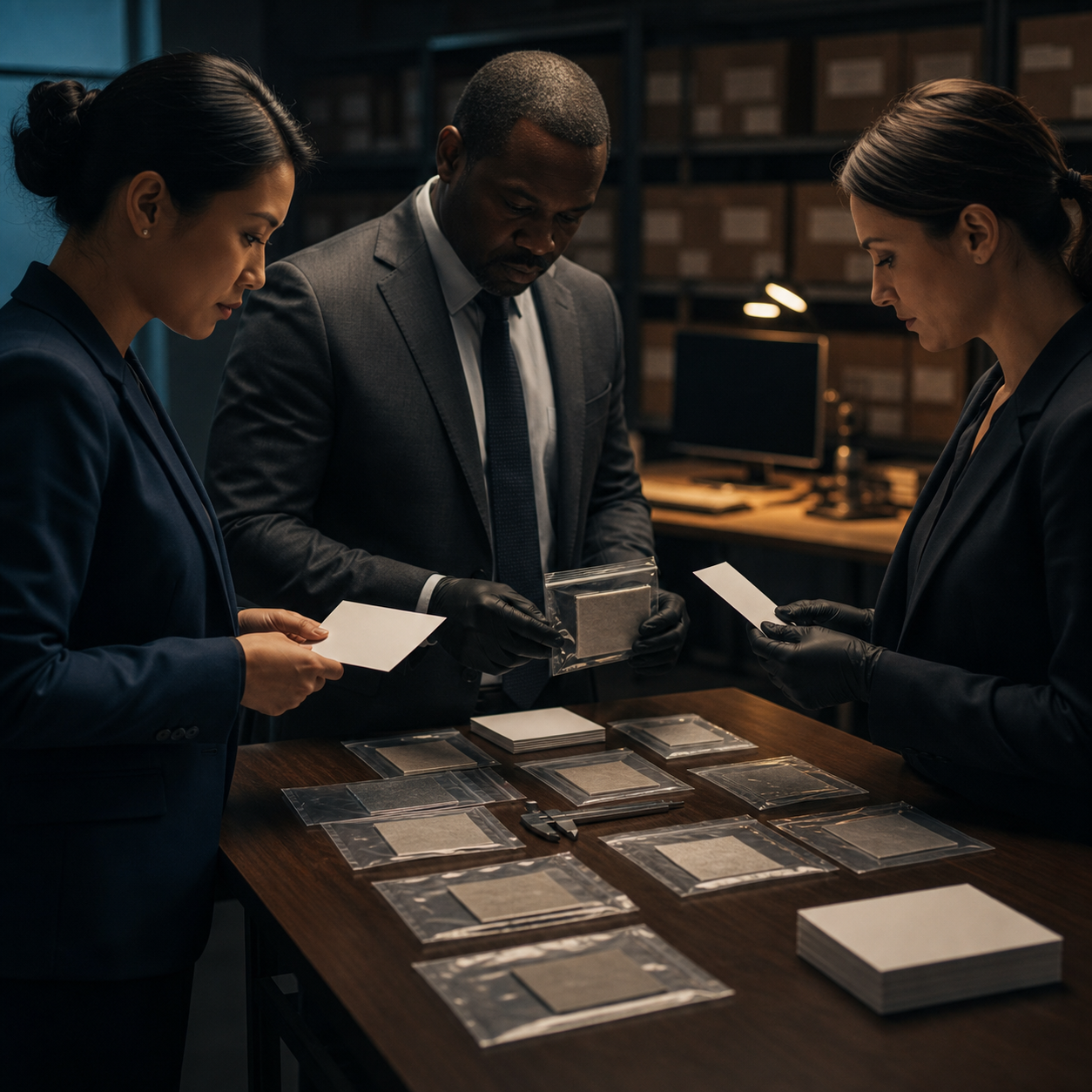 Buyer safety team verifies anonymous product records against authoritative regulatory evidence in an independent review room