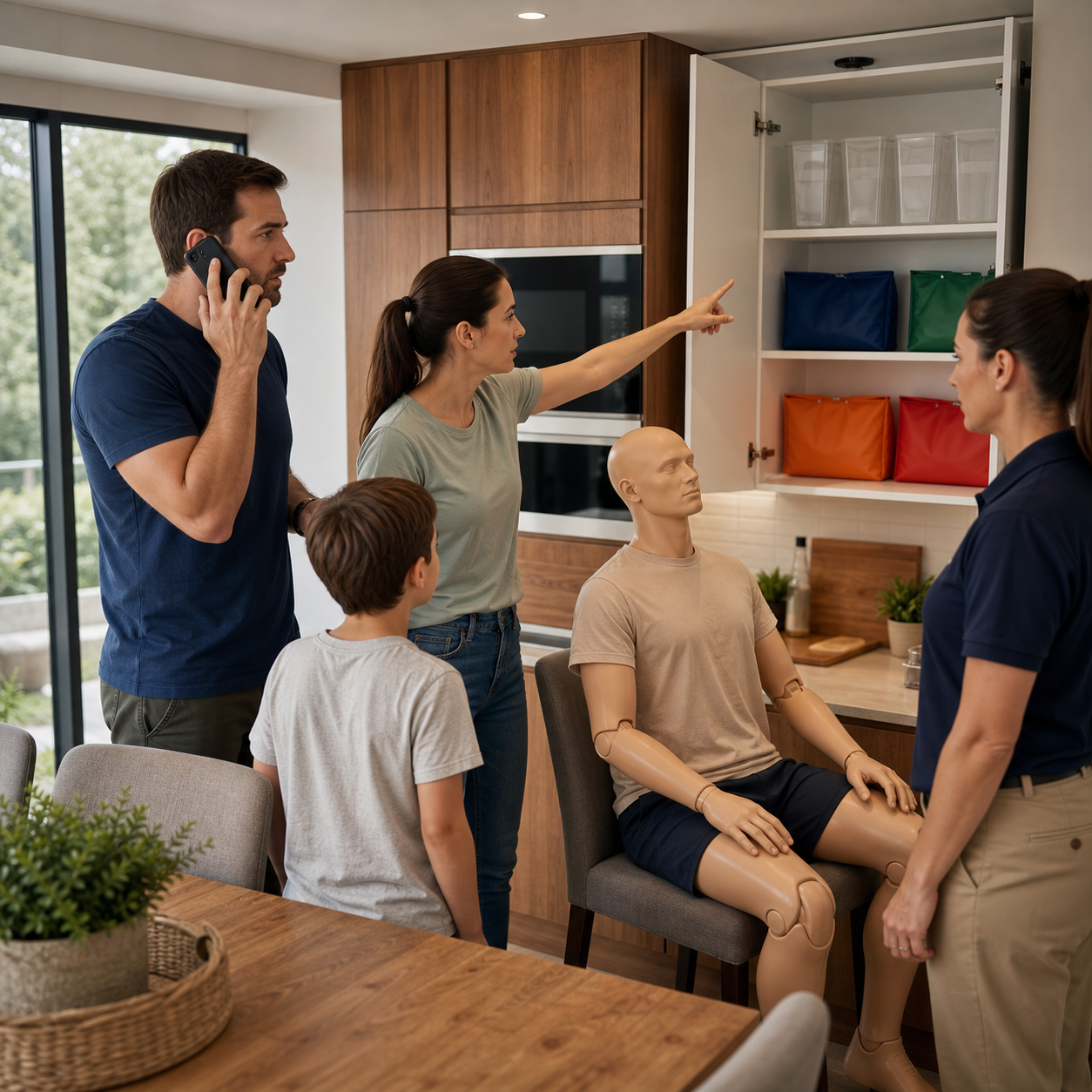 Family practices an emergency role drill with an artificial mannequin phone and sealed generic backup tray