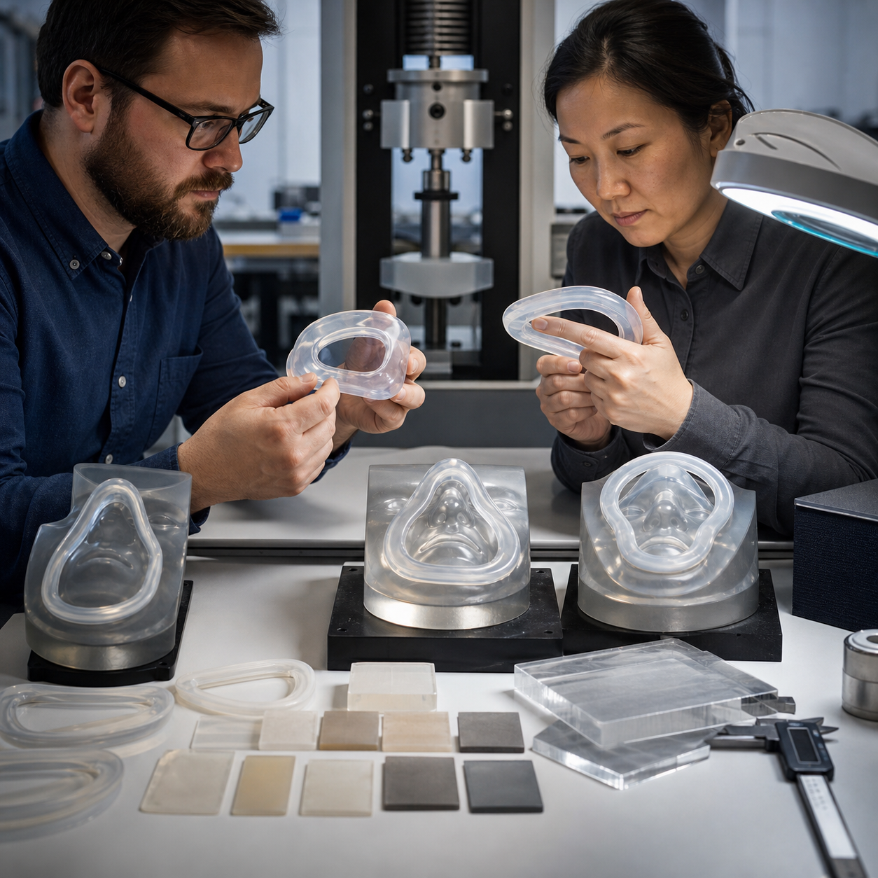 Biomedical engineers compare transparent mask seal conformity on artificial face fixtures under controlled lighting