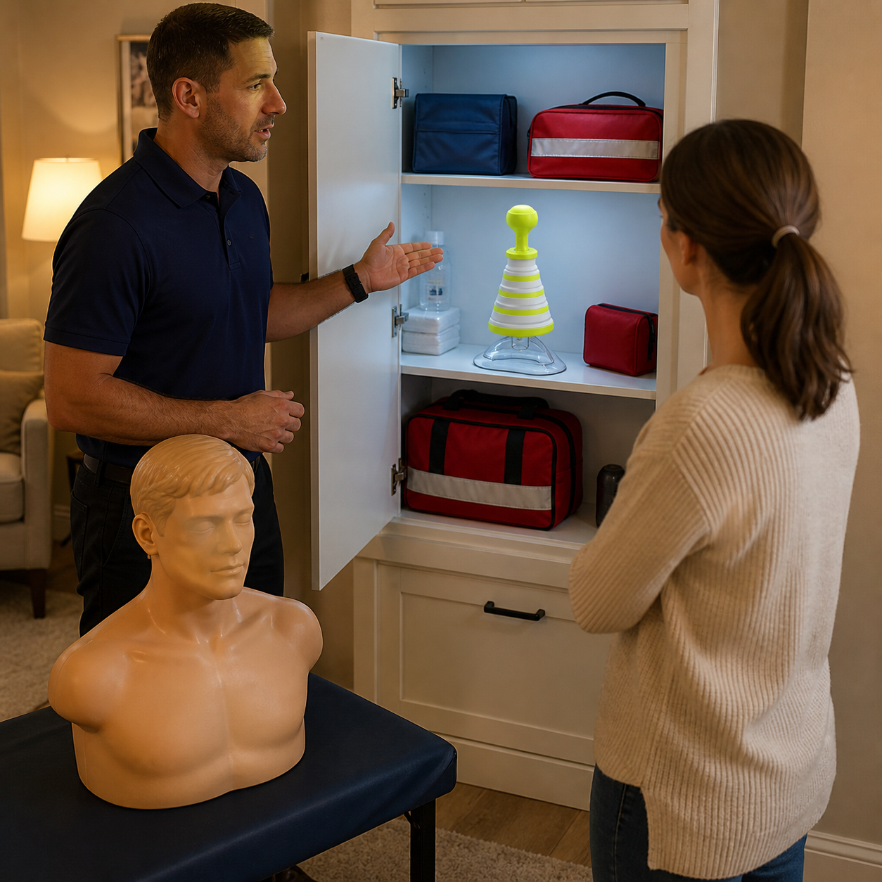 Family safety coordinator stages the exact real FoldPumpVac in an accessible cabinet beside an artificial training mannequin
