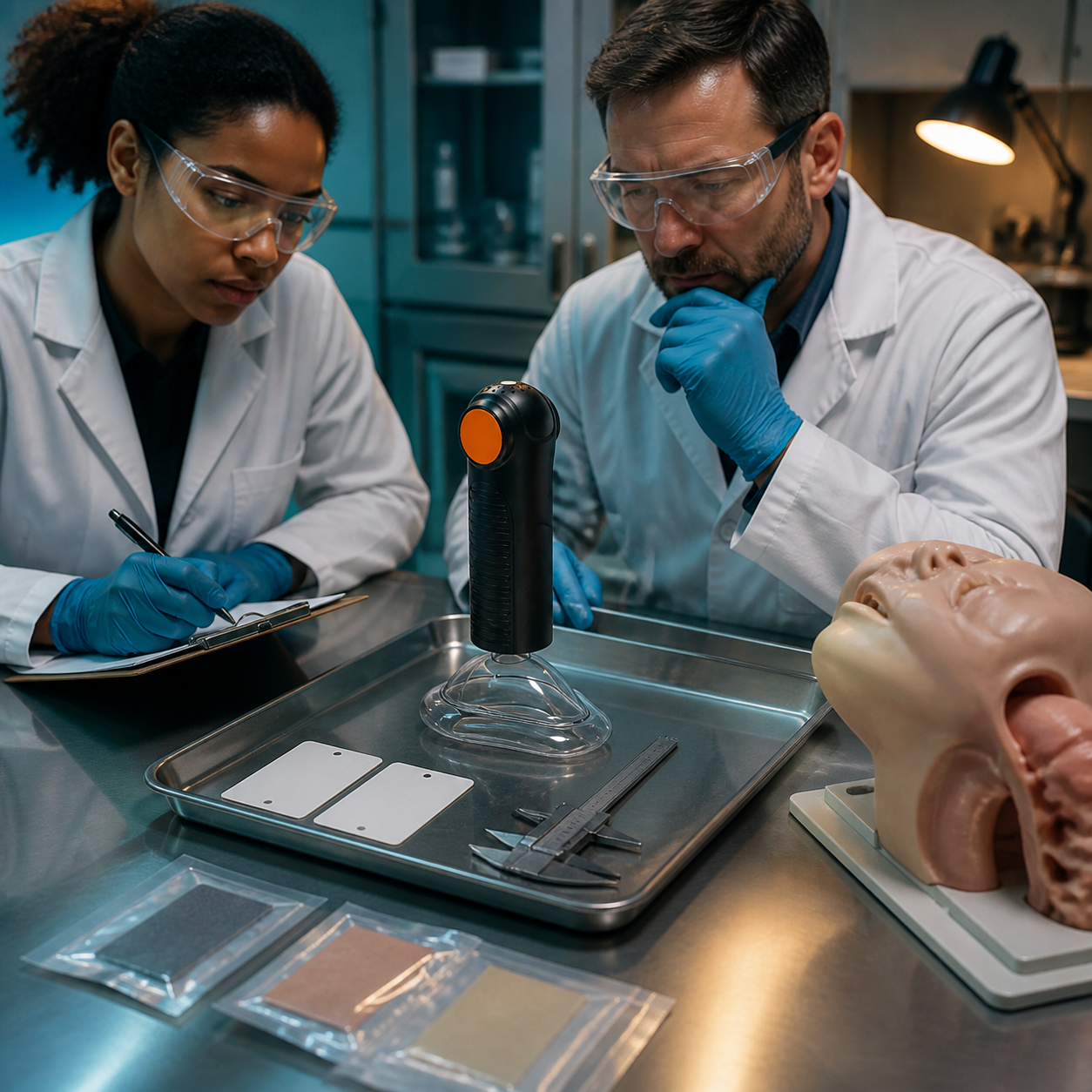Quality specialists inspect the exact real EasyPumpVac beside blank traceability evidence and an artificial airway mannequin