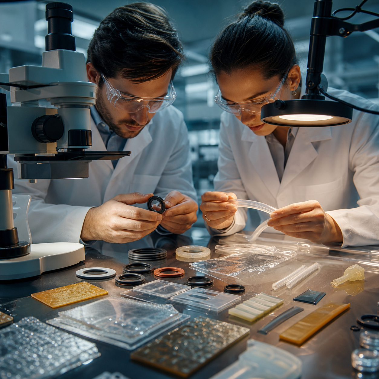 Materials engineers inspect seals plastics and packaging under controlled laboratory lighting