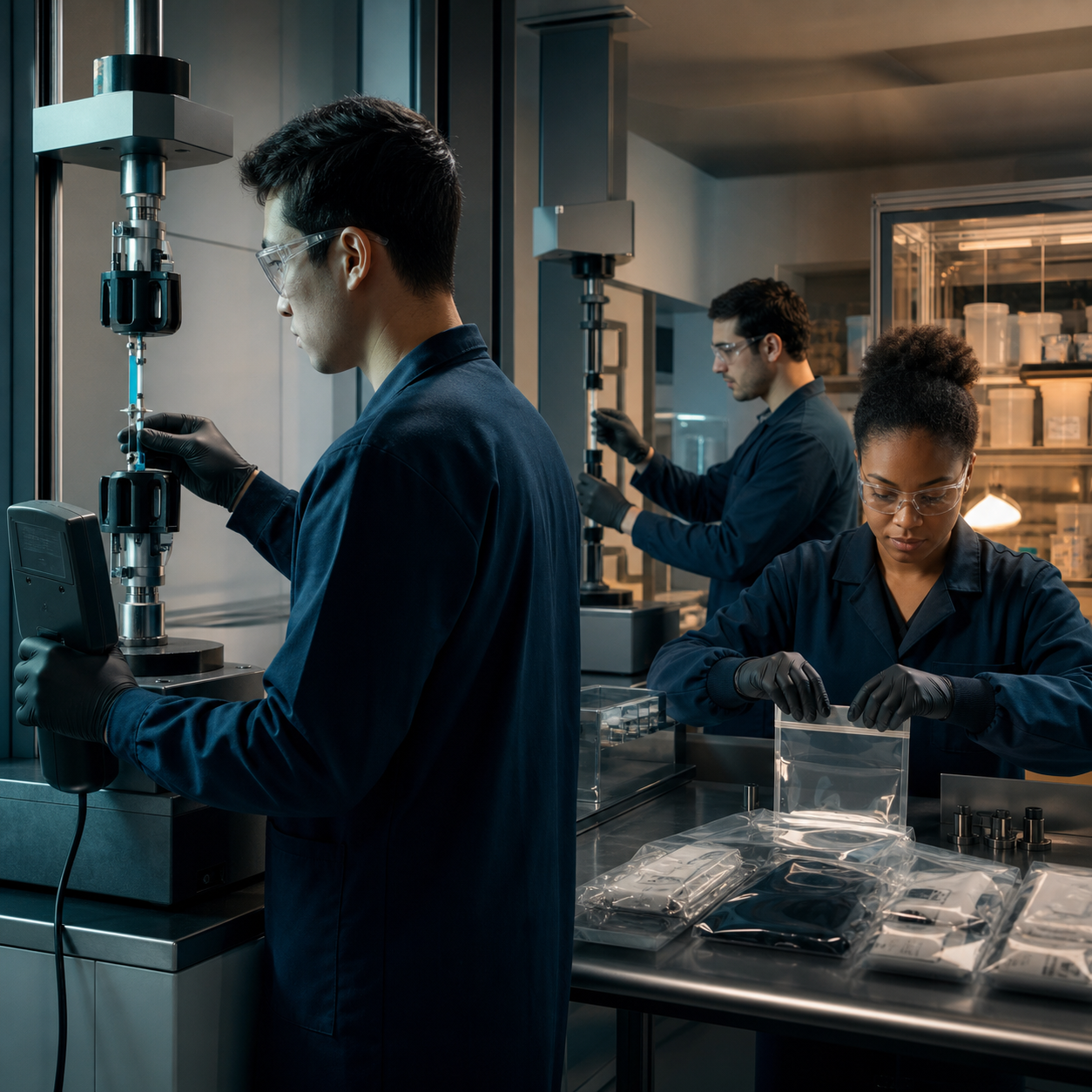 Independent laboratory team records repeatable mechanical test results from unlabeled emergency equipment materials