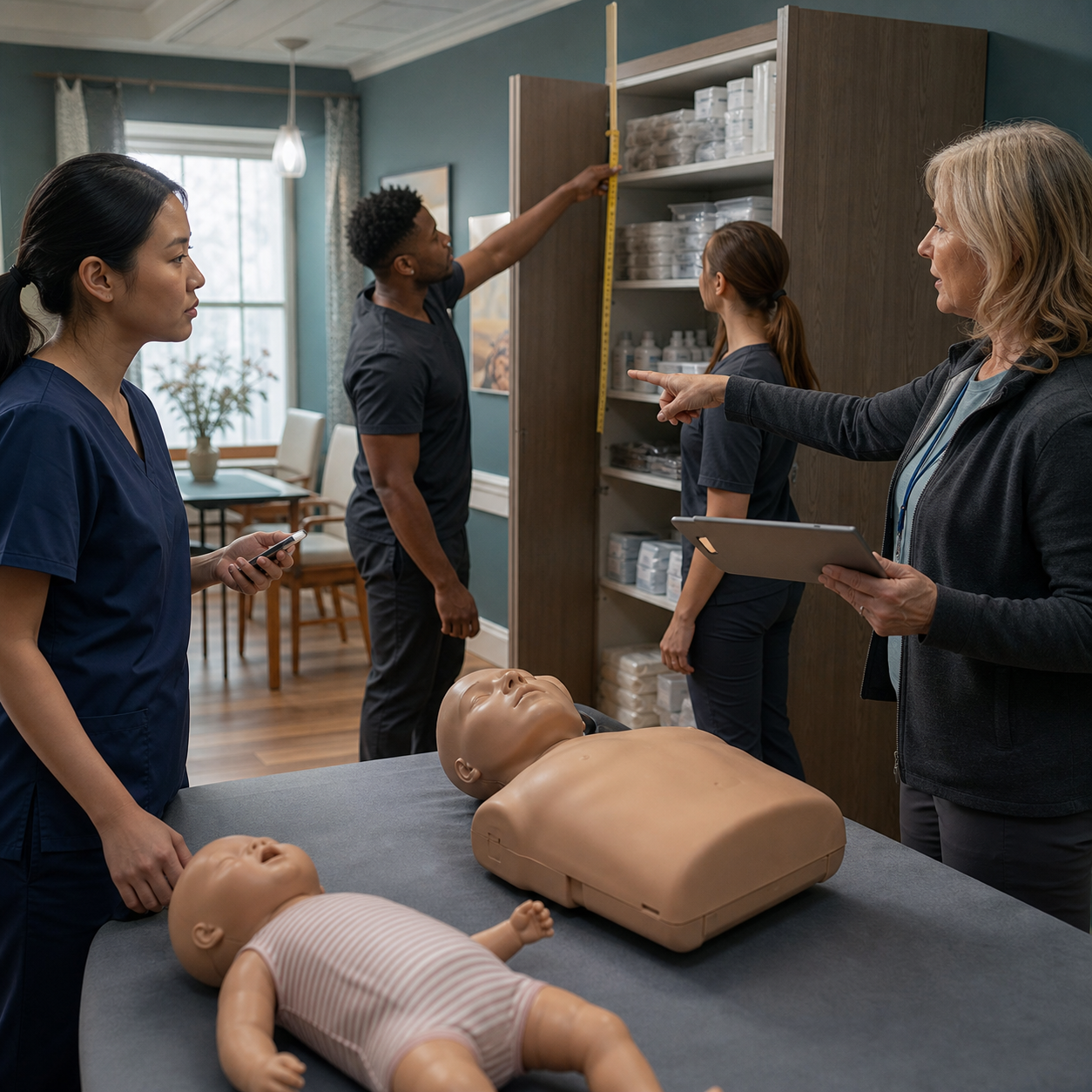 Care team audits emergency readiness beside adult and infant artificial training mannequins