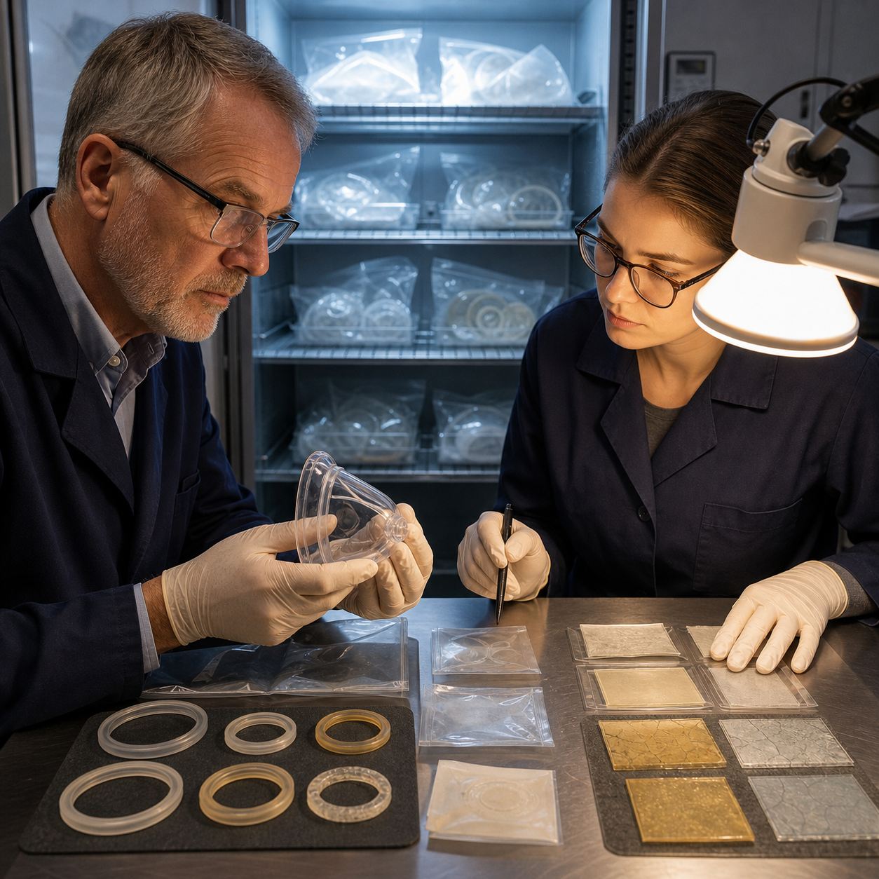 Quality specialist examines aged packaging seals and mask materials from a climate-controlled storage cabinet