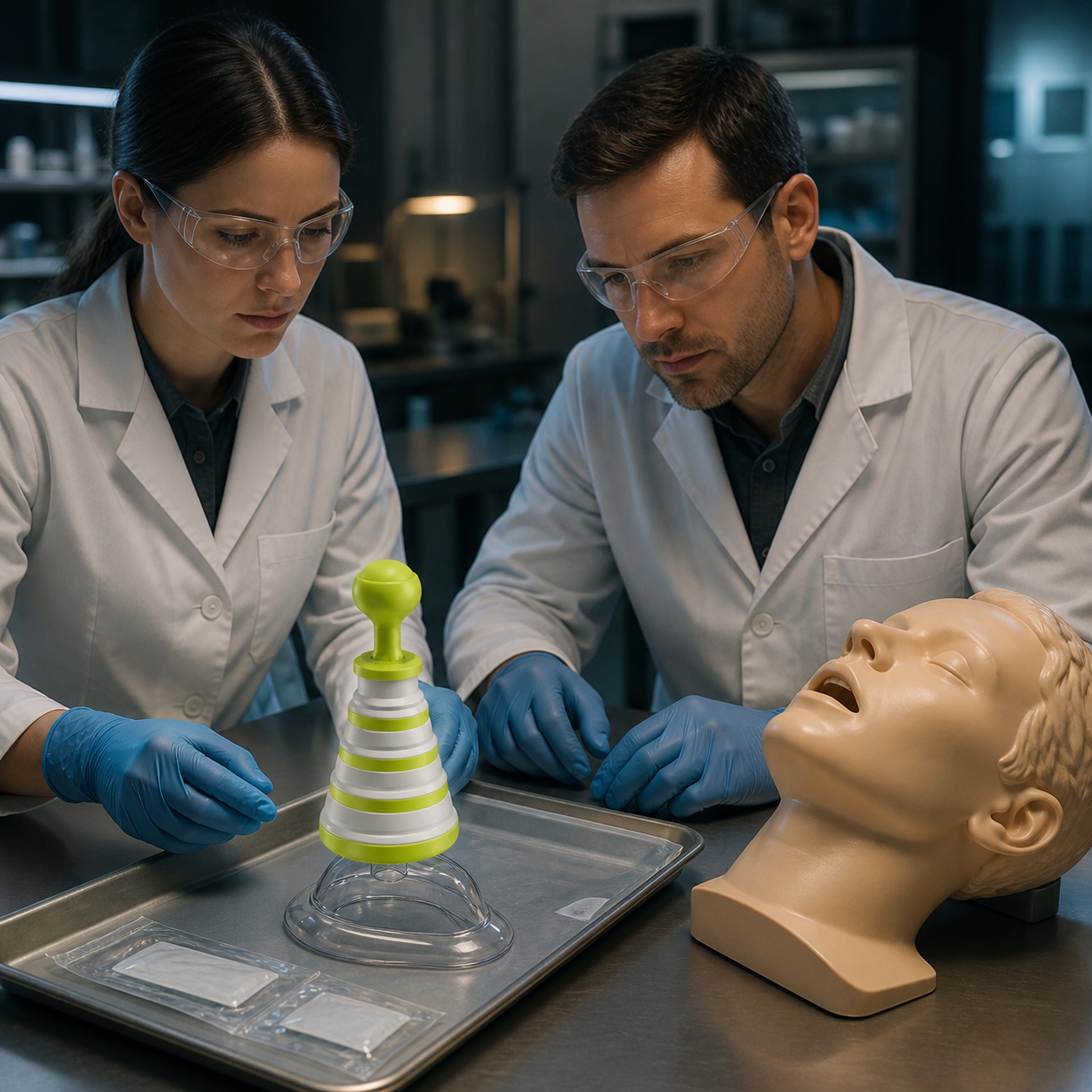 Quality specialists inspect the exact real FoldPumpVac beside a traceable buyer evidence file and artificial airway mannequin